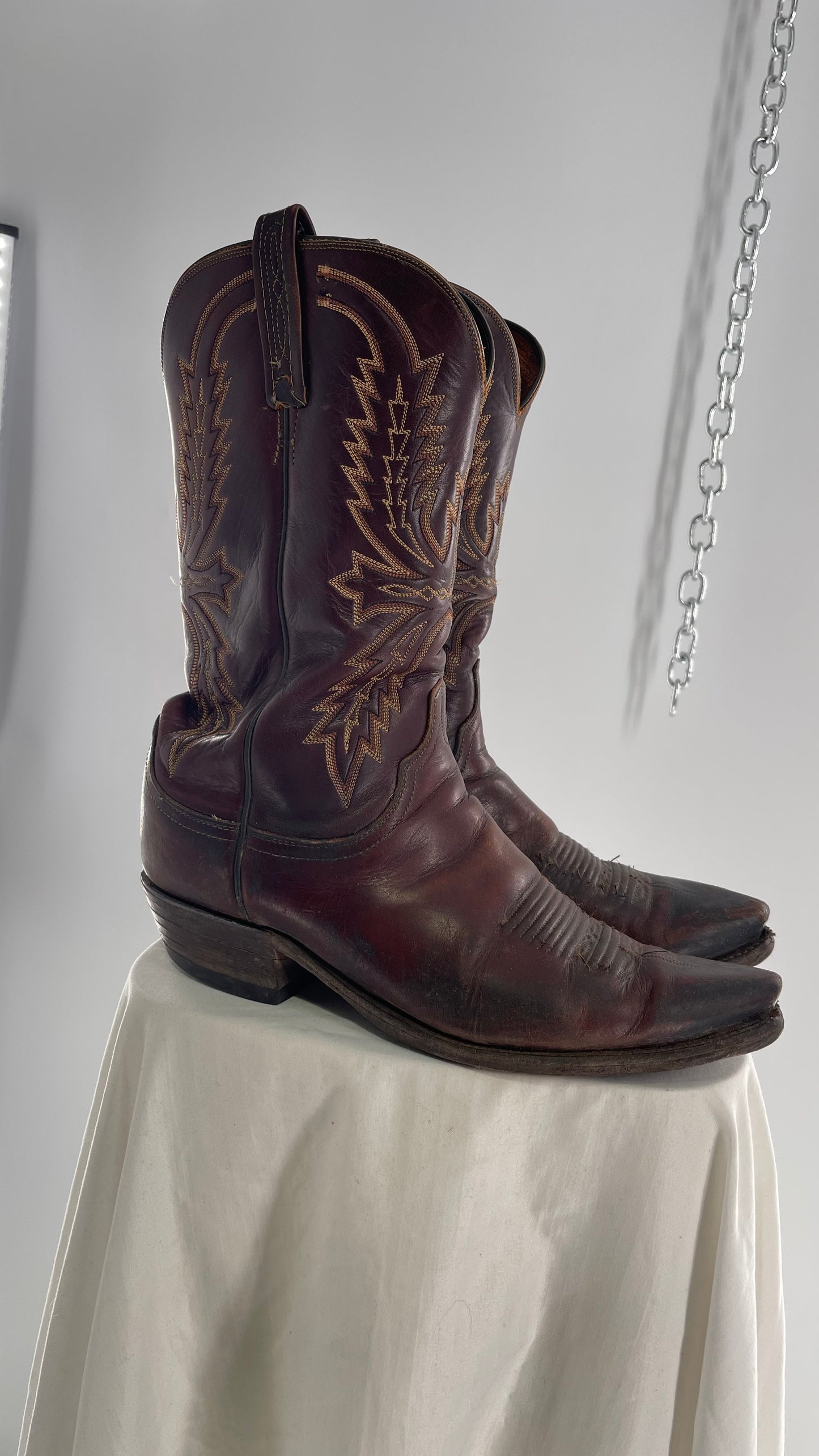 Vintage Men’s 1883 Luchesse Lived In Brown Cognac Leather Pointed Toe Cowboy Boots with Embroidery (12)