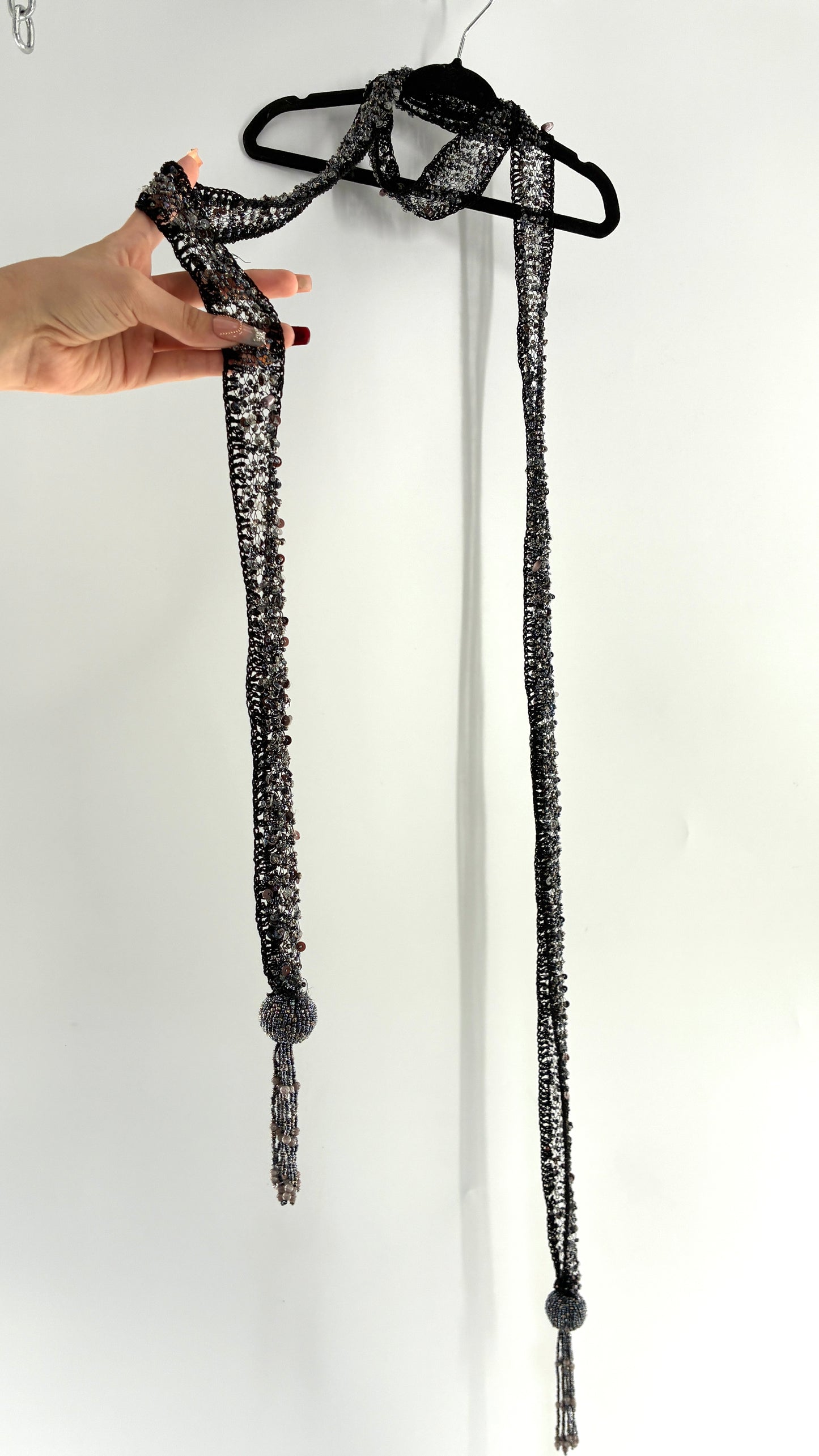 Vintage Black Netted + Crochet Scarf Necklace Covered in Heavy Beading