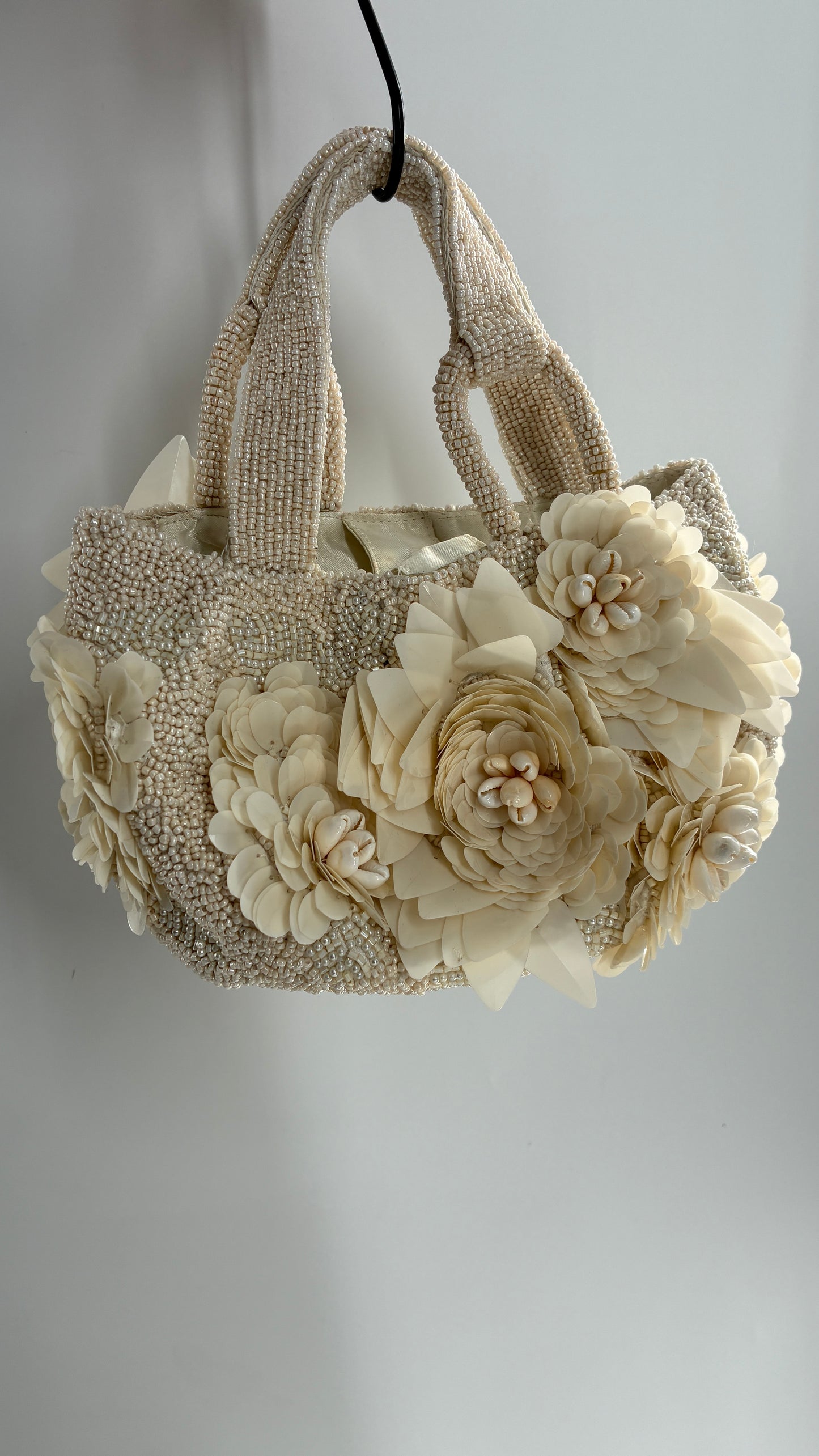 Beaded Off White Purse with Sequin and Shell Flowers