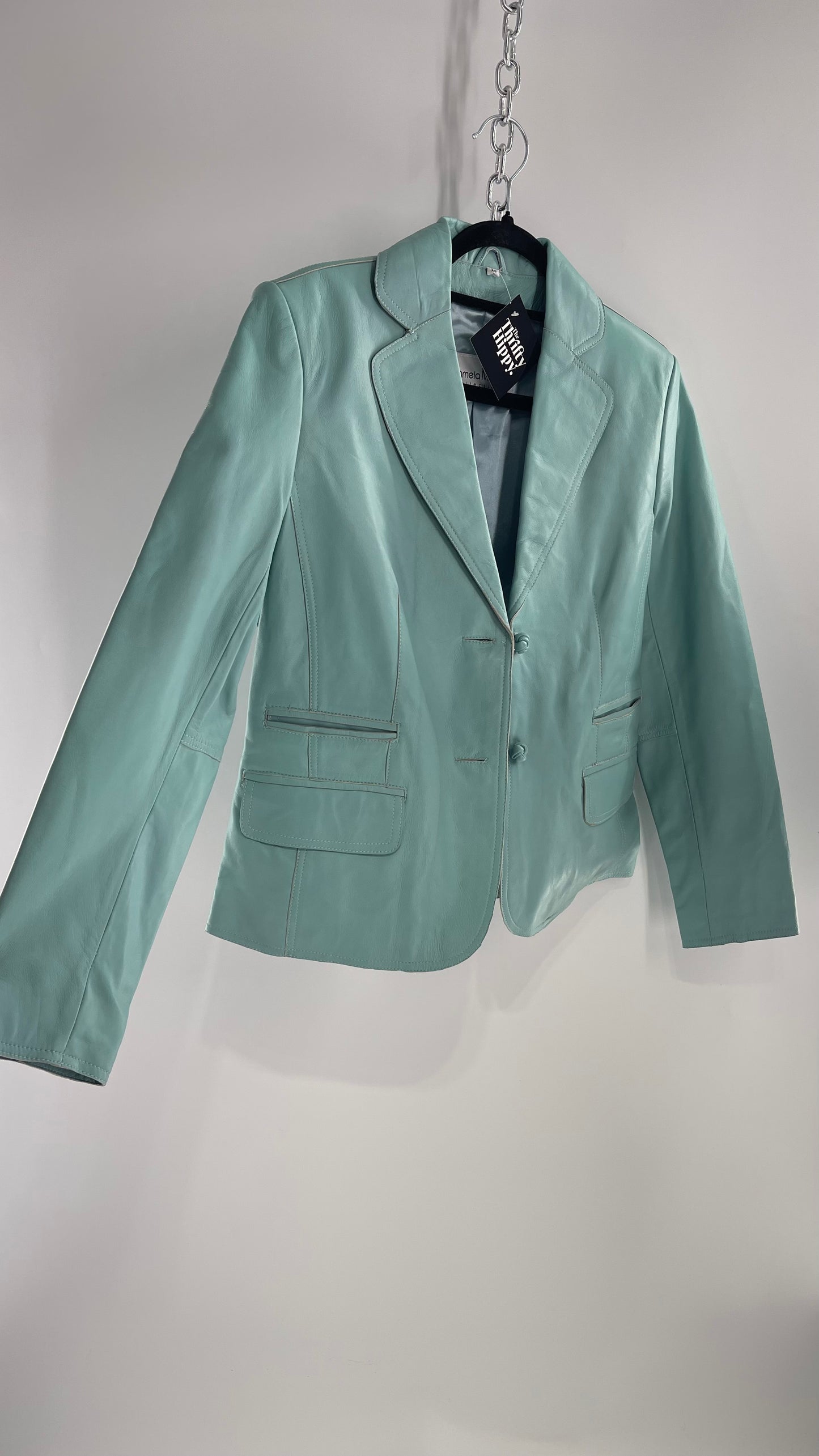 Vintage 1990s Pamela McCoy Eggshell/Tiffany Blue Leather Blazer Jacket (XS)