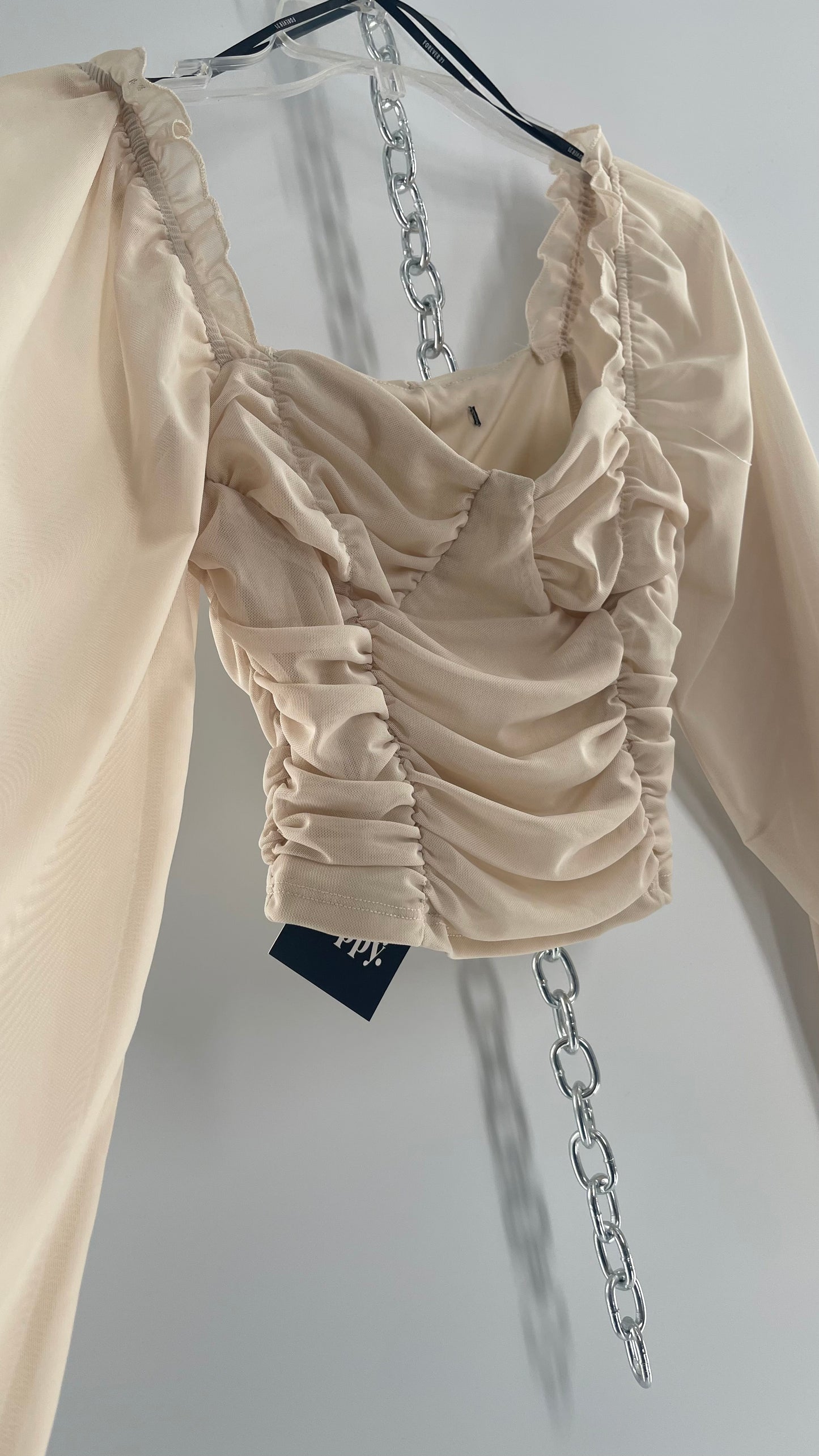 Beige Ruched Corseted Balloon Sleeve Blouse (Small)