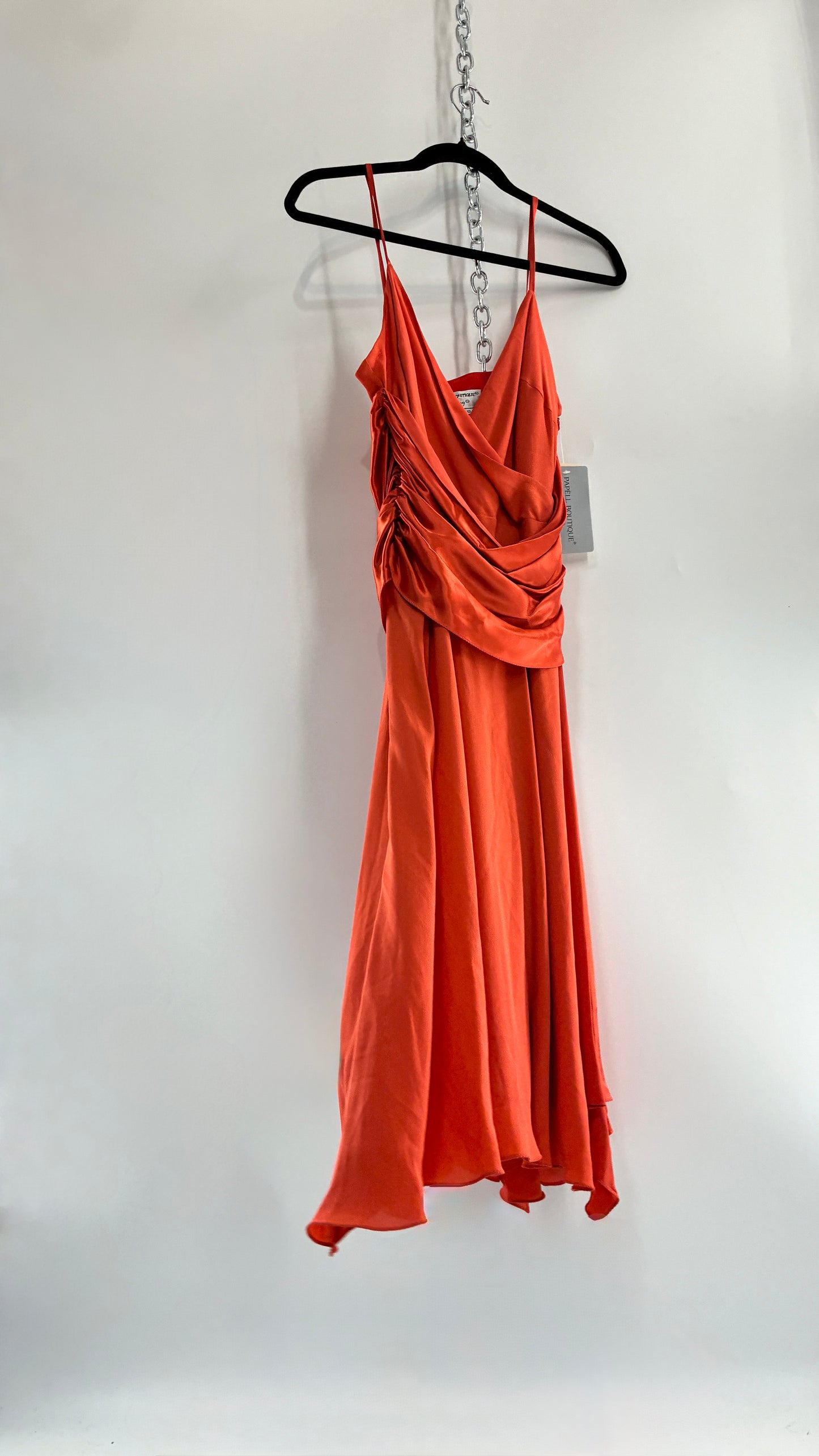 Deadstock Vintage PAPELL BOUTIQUE 100% Silk Tangerine Midi Dress with Ruched Bodice (12)