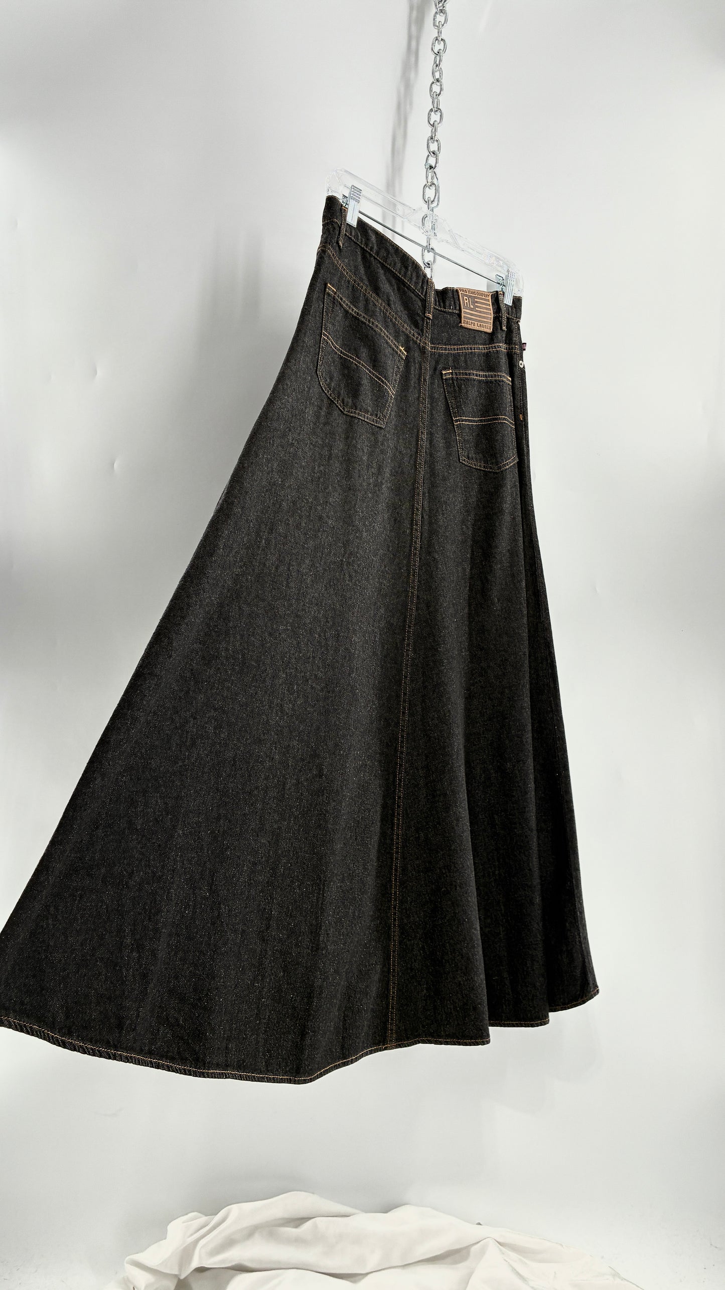 Vintage Ralph Lauren 100% Cotton Dark Wash Denim Full Length Skirt  (6)