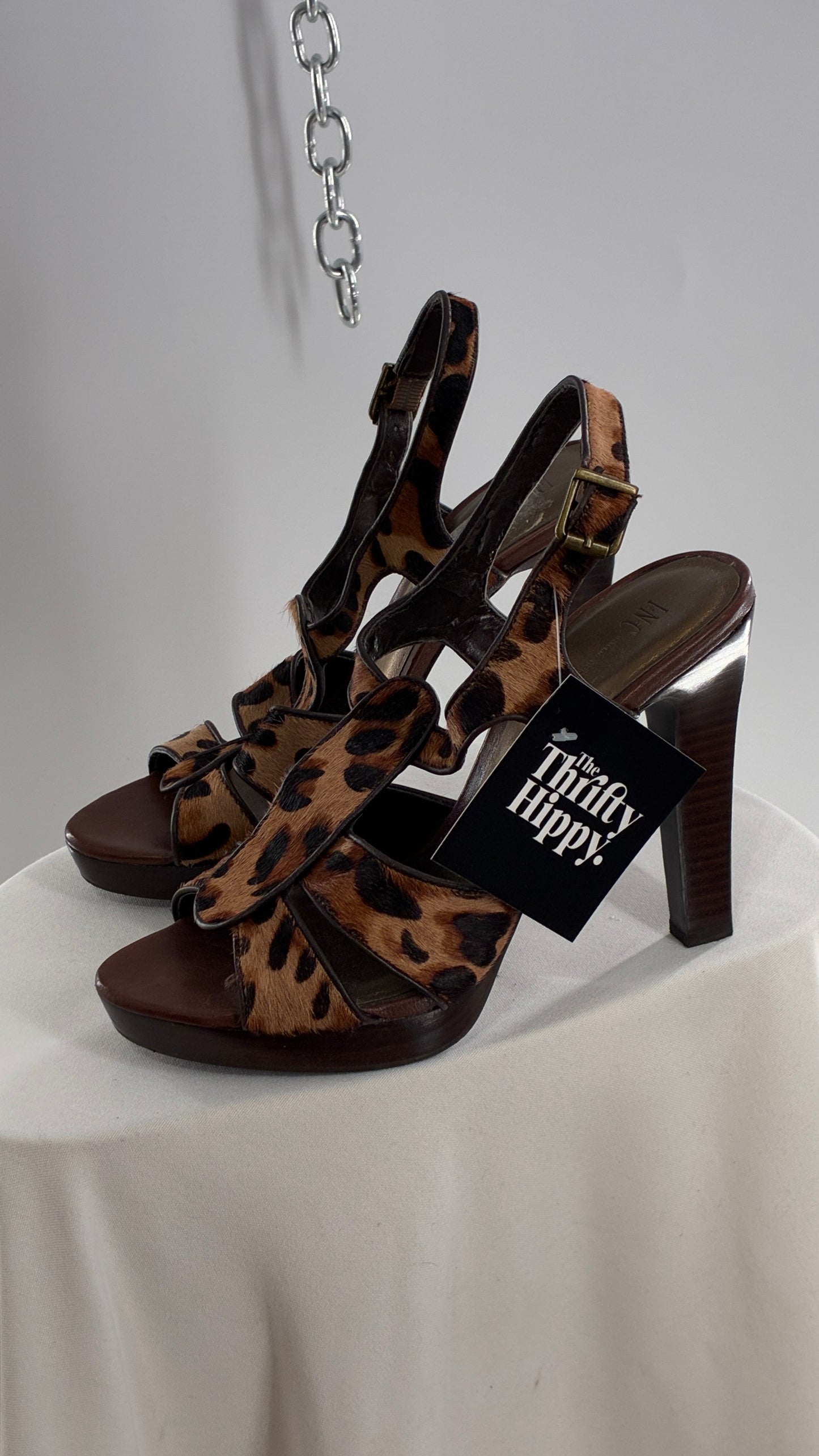 Vintage 1990s INC Cheetah Printed Hide Strappy Heels with Wooden Heel (7)