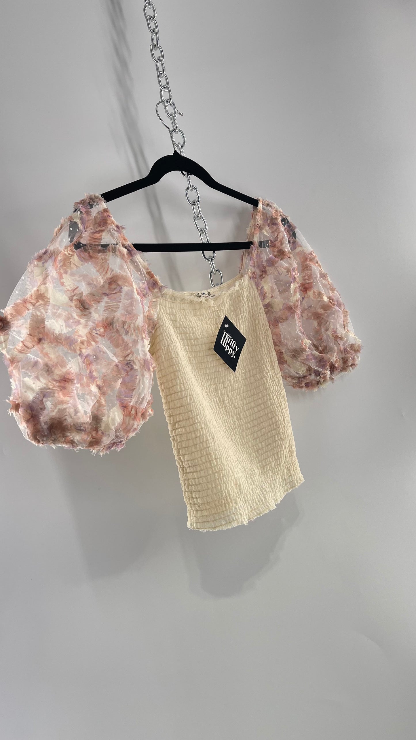 Free People Flower Girl Delicate Romantic Puff Sleeve Top with Smocked Mesh Body (Small)