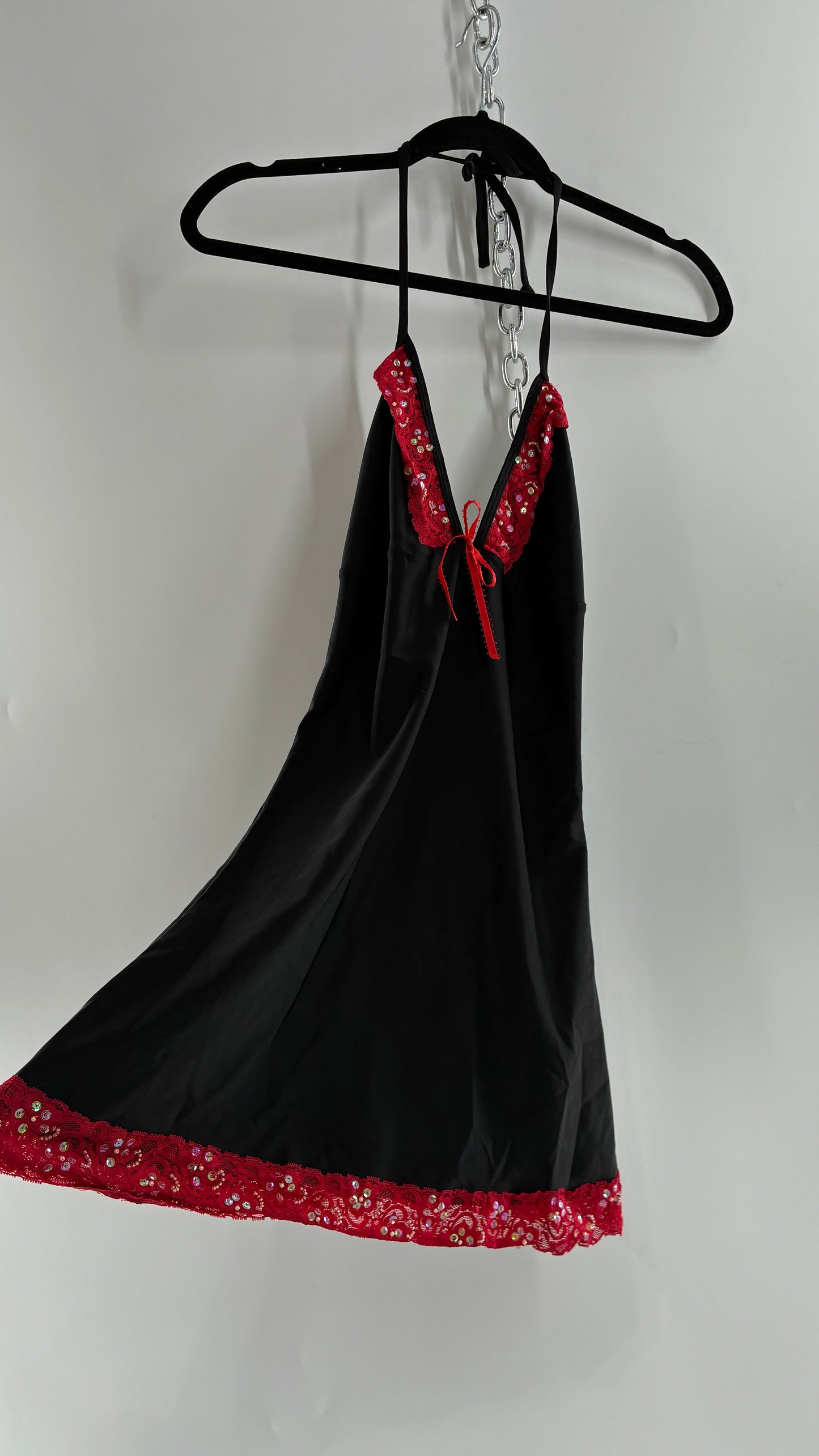 Vintage PROMISCUOUS Black Camisole Slip with Red Ruffled Sequin Lace and Scalloped Bum  (XL)
