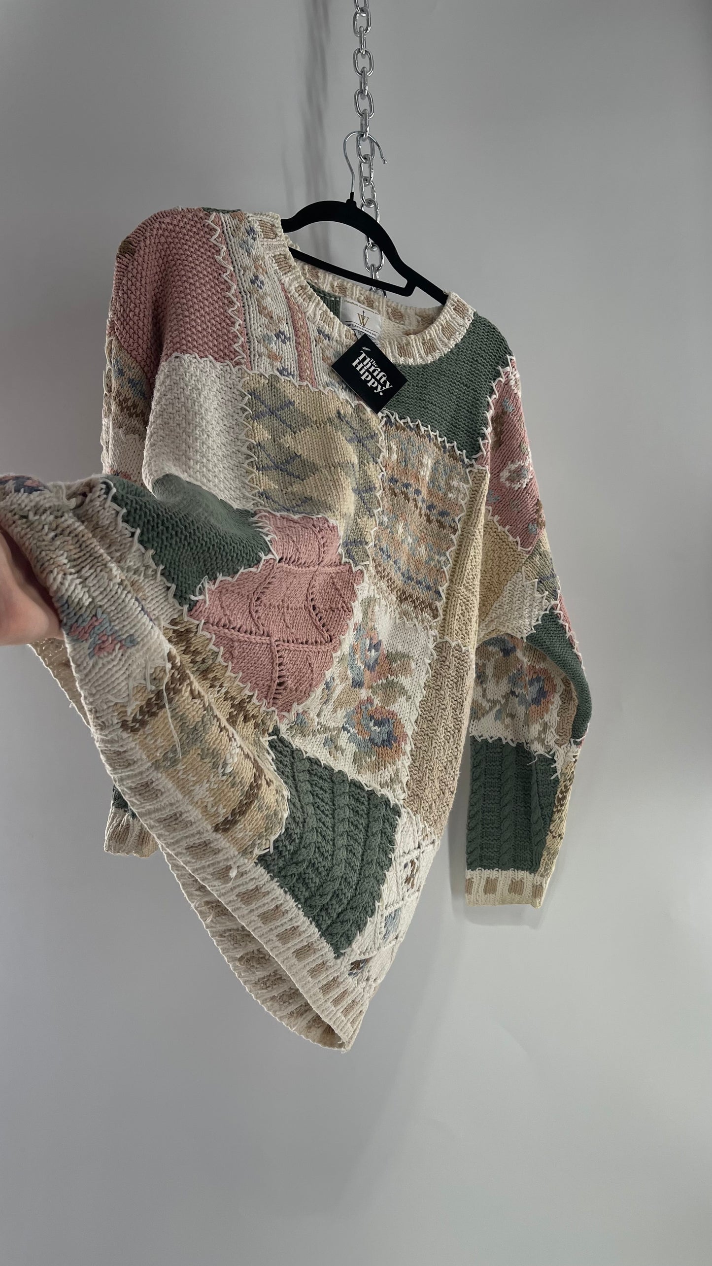 Vintage WEATHERVANE Rare Heavy Hand Knit Patchwork Sweater (Large) (55% Ramie 45% Cotton)