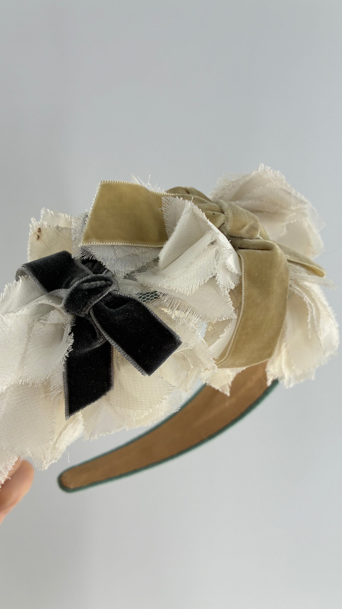 Vintage FARMER Handmade Blue Knit Headband with Velvet Bow Appliqués
