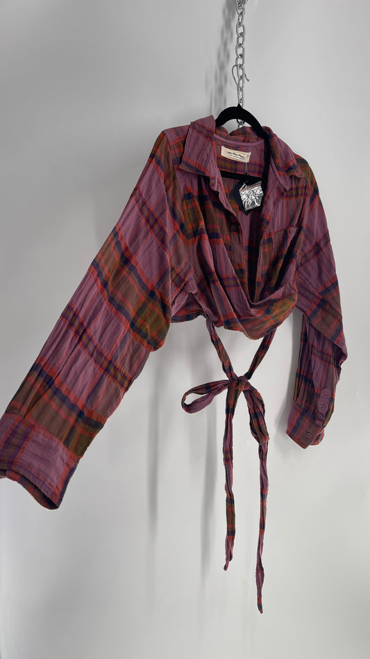 Free People Plaid Wrap Around Pocketed Blouse (Large)