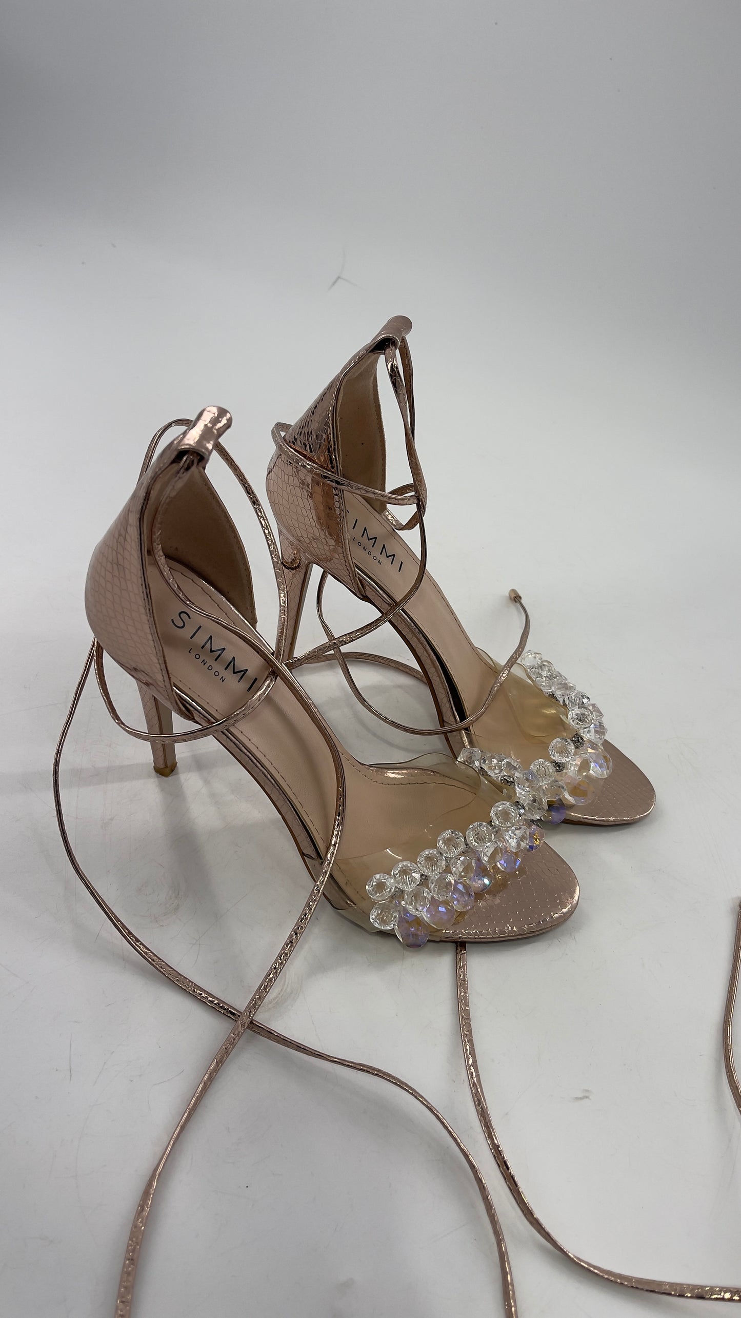 SIMMI LONDON Rose Gold Textured Heels with Clear Toe Strap Covered in Rhinestones/ Crystal Pendants and Tie Up Ankle Straps (7)