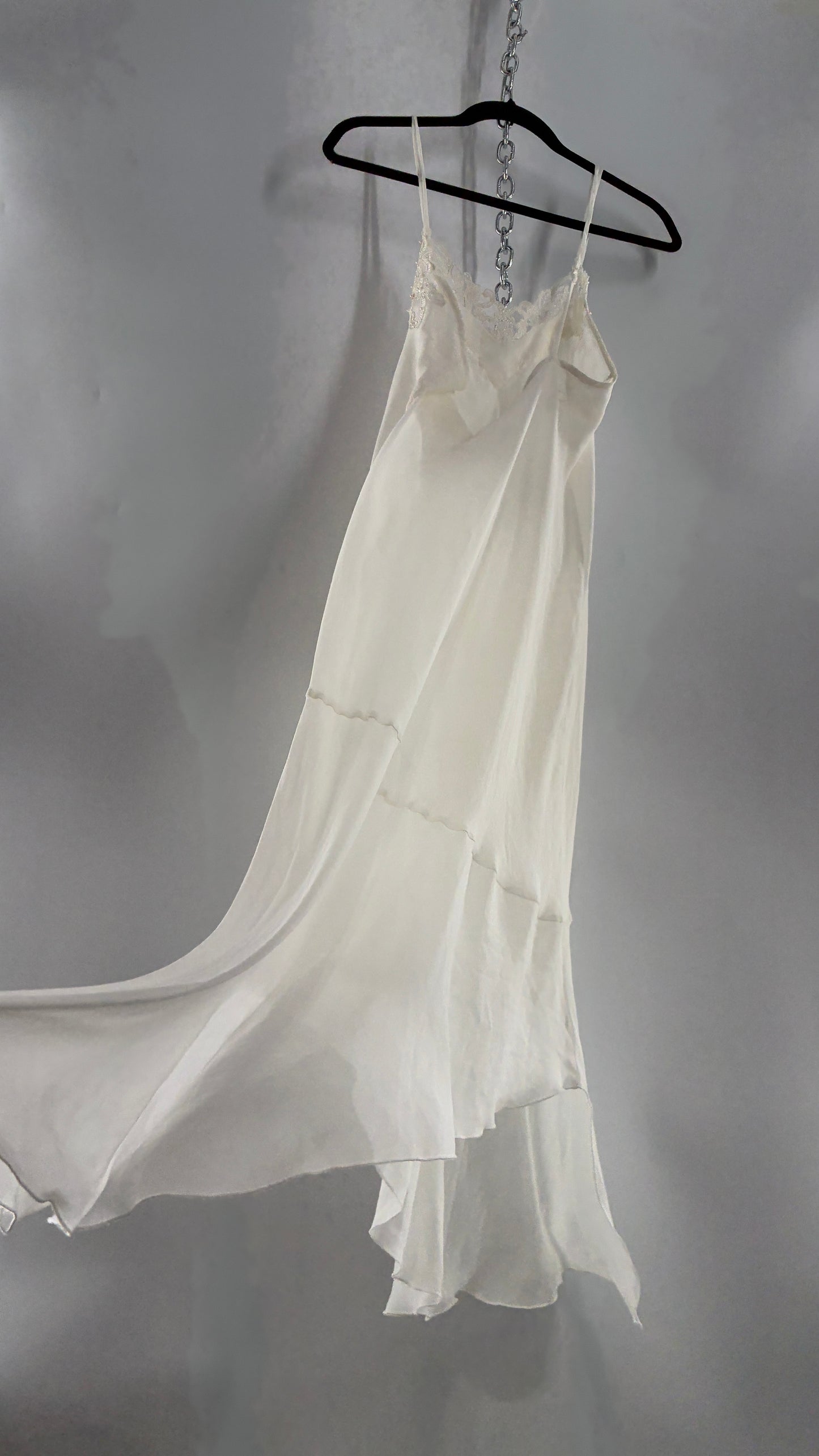 Vintage CALIFORNIA DYNASTY Ivory Maxi Slip Nightgown Dress with Sequin Neckline and Handkerchief Hem (Large)
