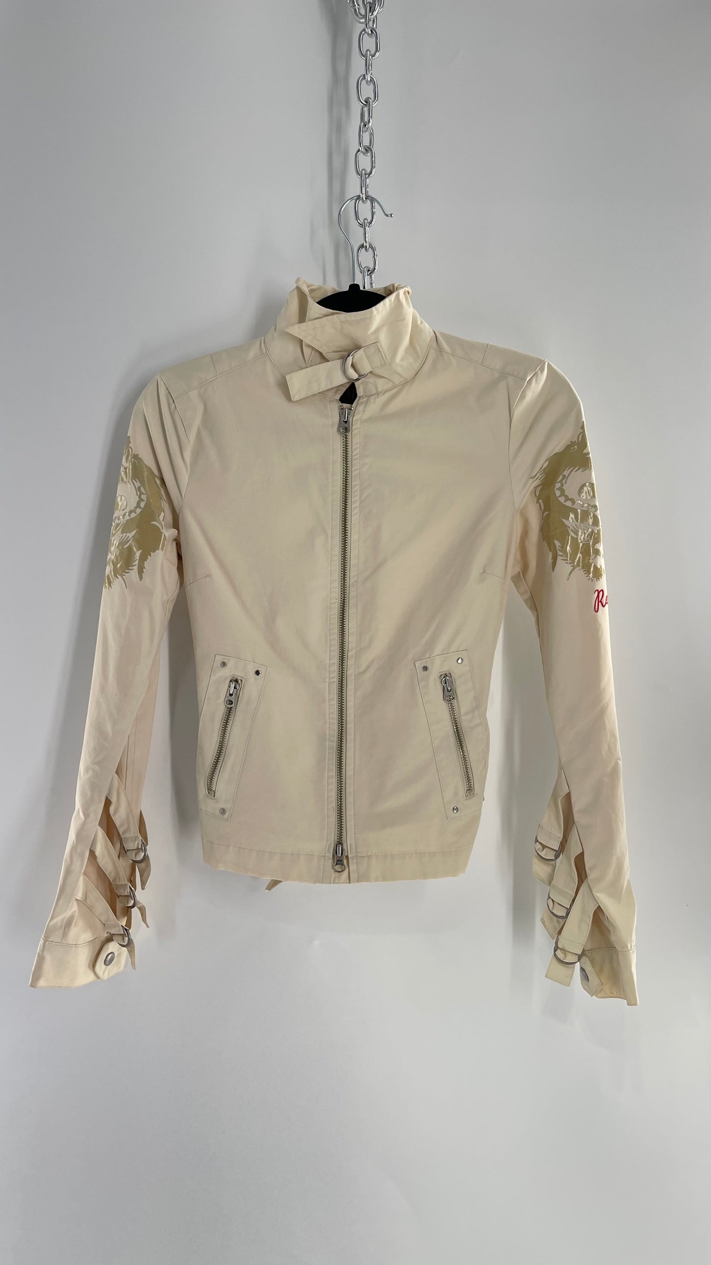 Vintage REPLAY Beige 1990s Italian Moto Jacket with Embossed Buttons, Buckle Cuffs, Dragon Graphic and Neck Strap (XS)