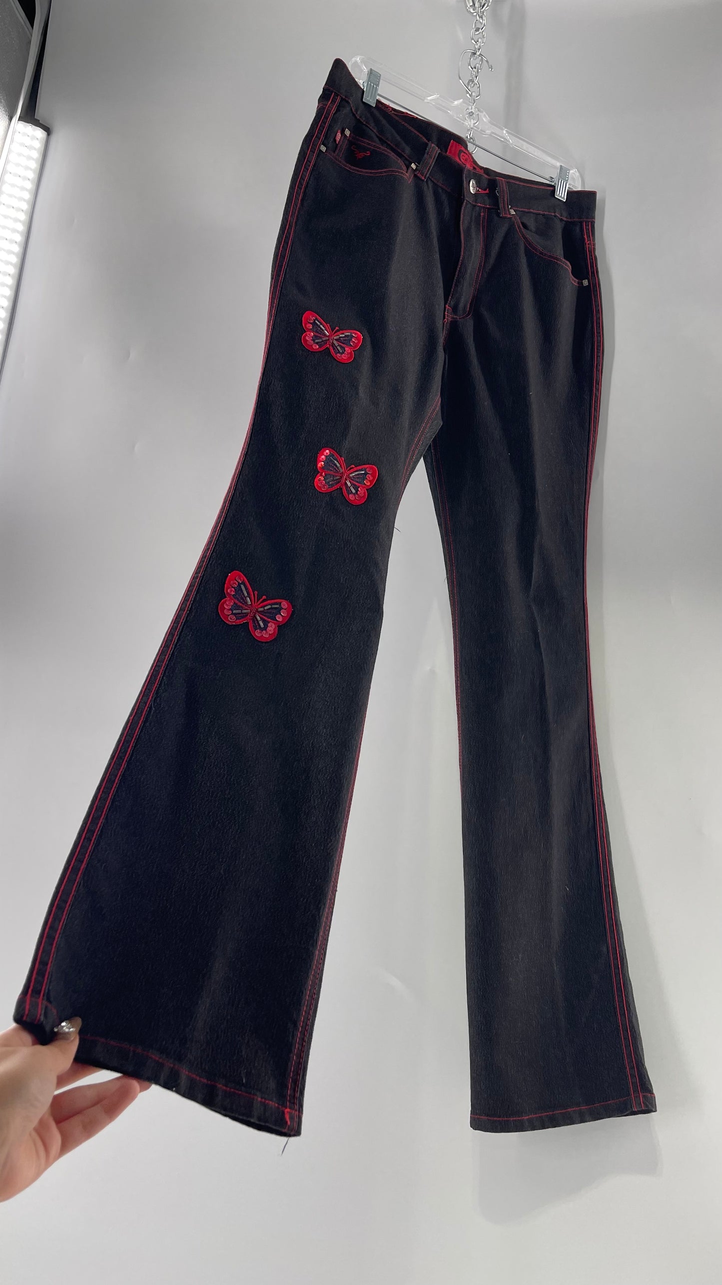 Rare Vintage Black Crest Jeans with Red Contrast Stitching and Butterfly Embroidery on Thigh and Back Pockets (14)