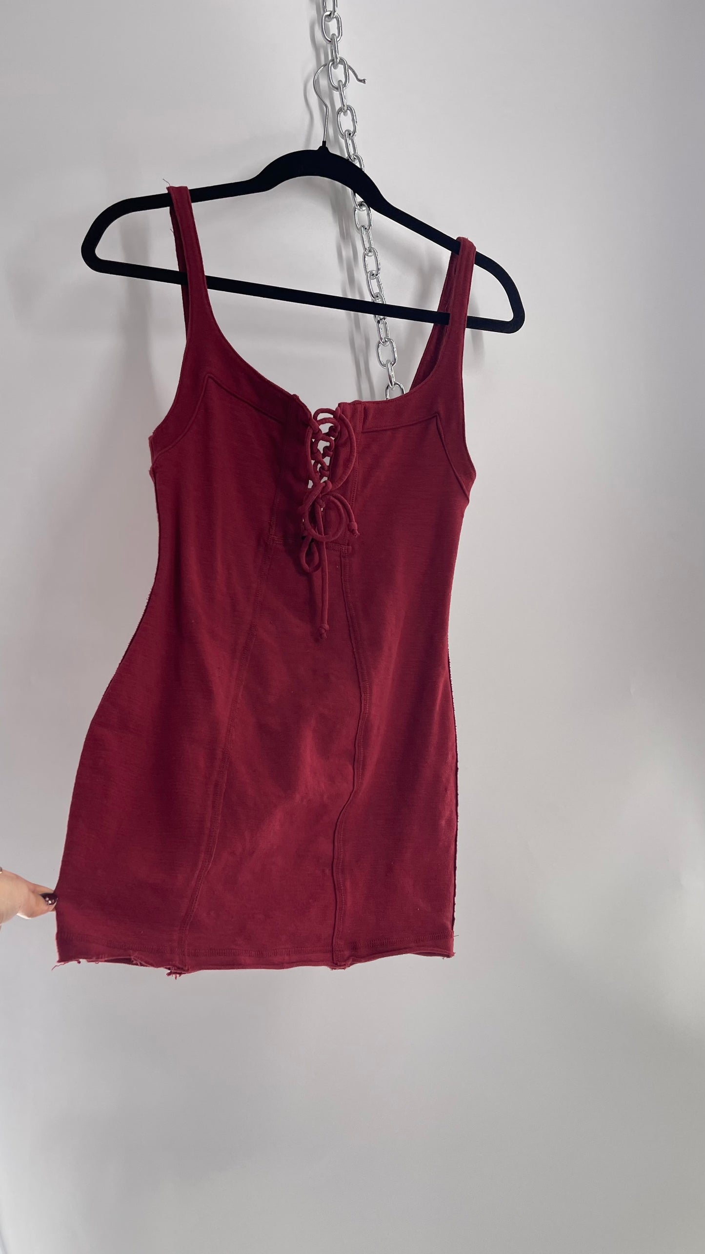 Free People Burgundy Knit Tank with Lace Up Neckline (XS)