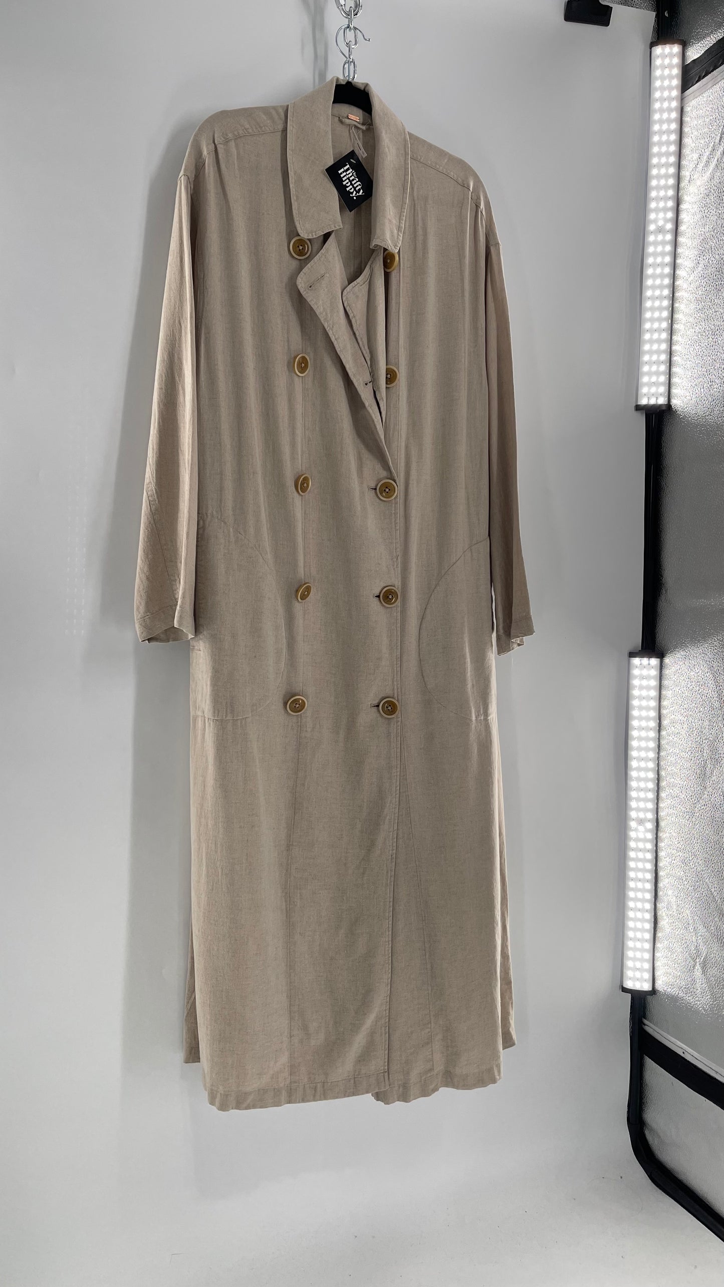 Free People Double Breasted Beige Linen Trench Coat with Brown Buttons and Tags Attached