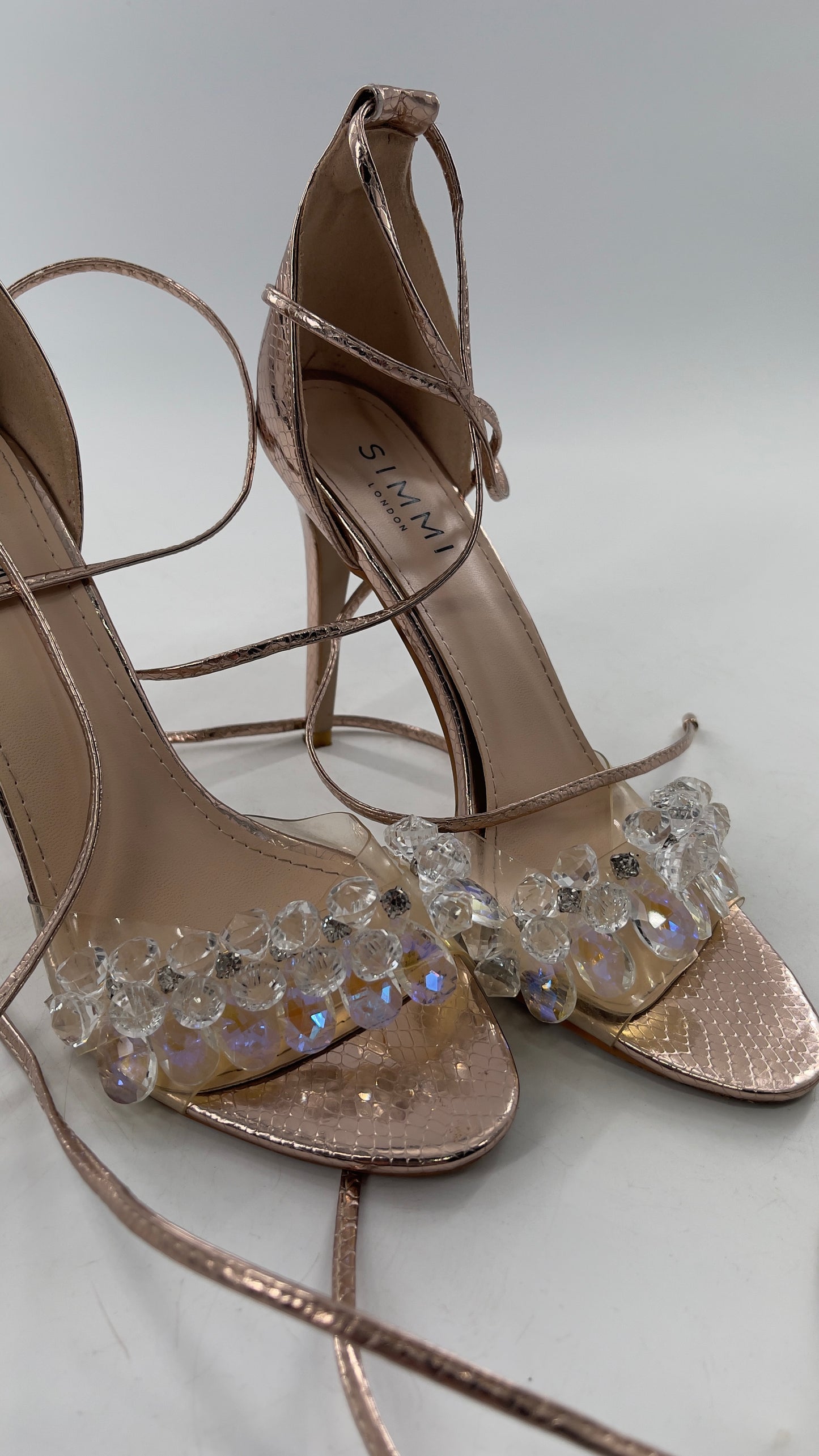 SIMMI LONDON Rose Gold Textured Heels with Clear Toe Strap Covered in Rhinestones/ Crystal Pendants and Tie Up Ankle Straps (7)