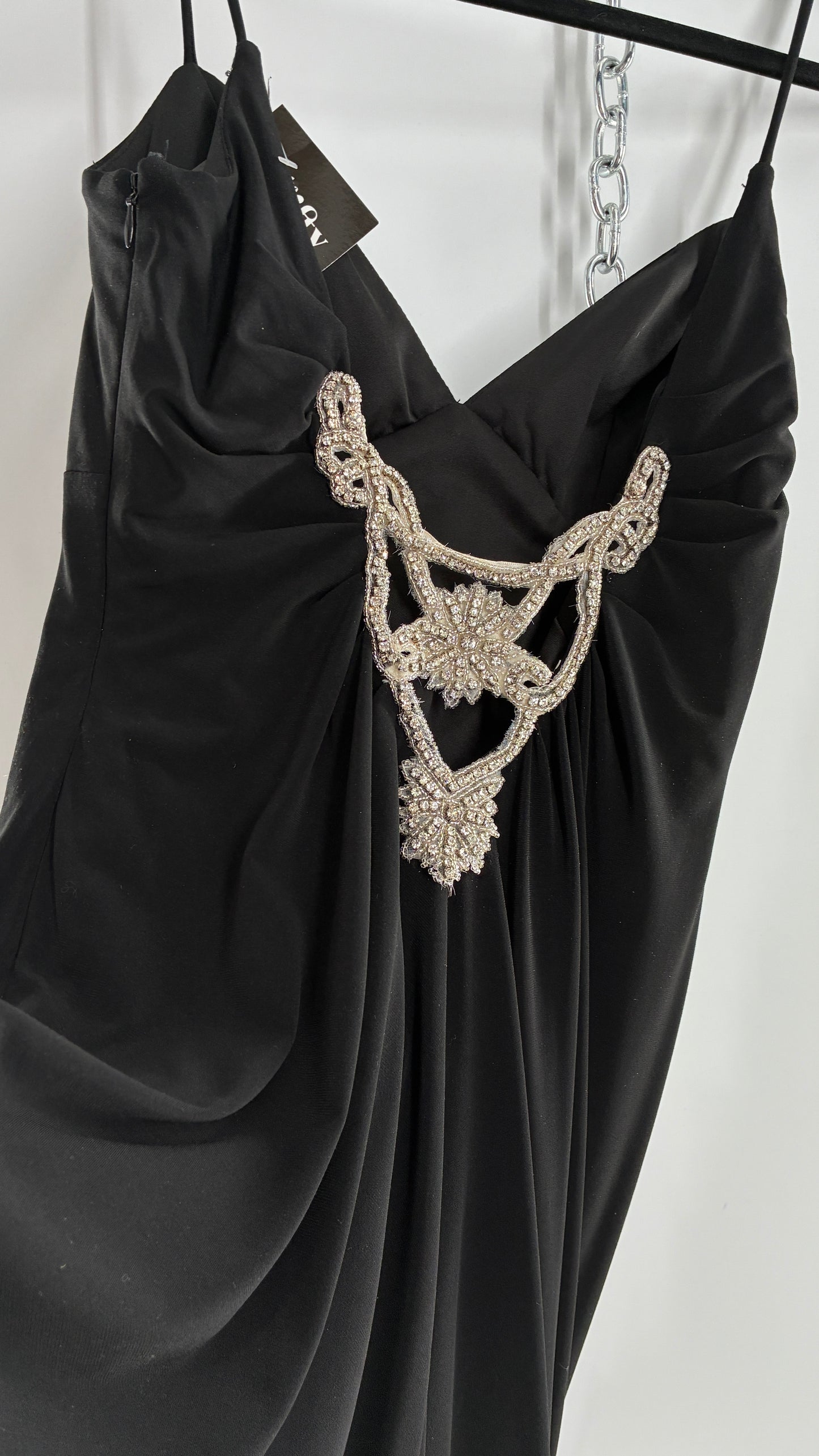 Vintage JS COLLECTION Black Full Length Gown with Jeweled Appliqué and Pleated Back (12)