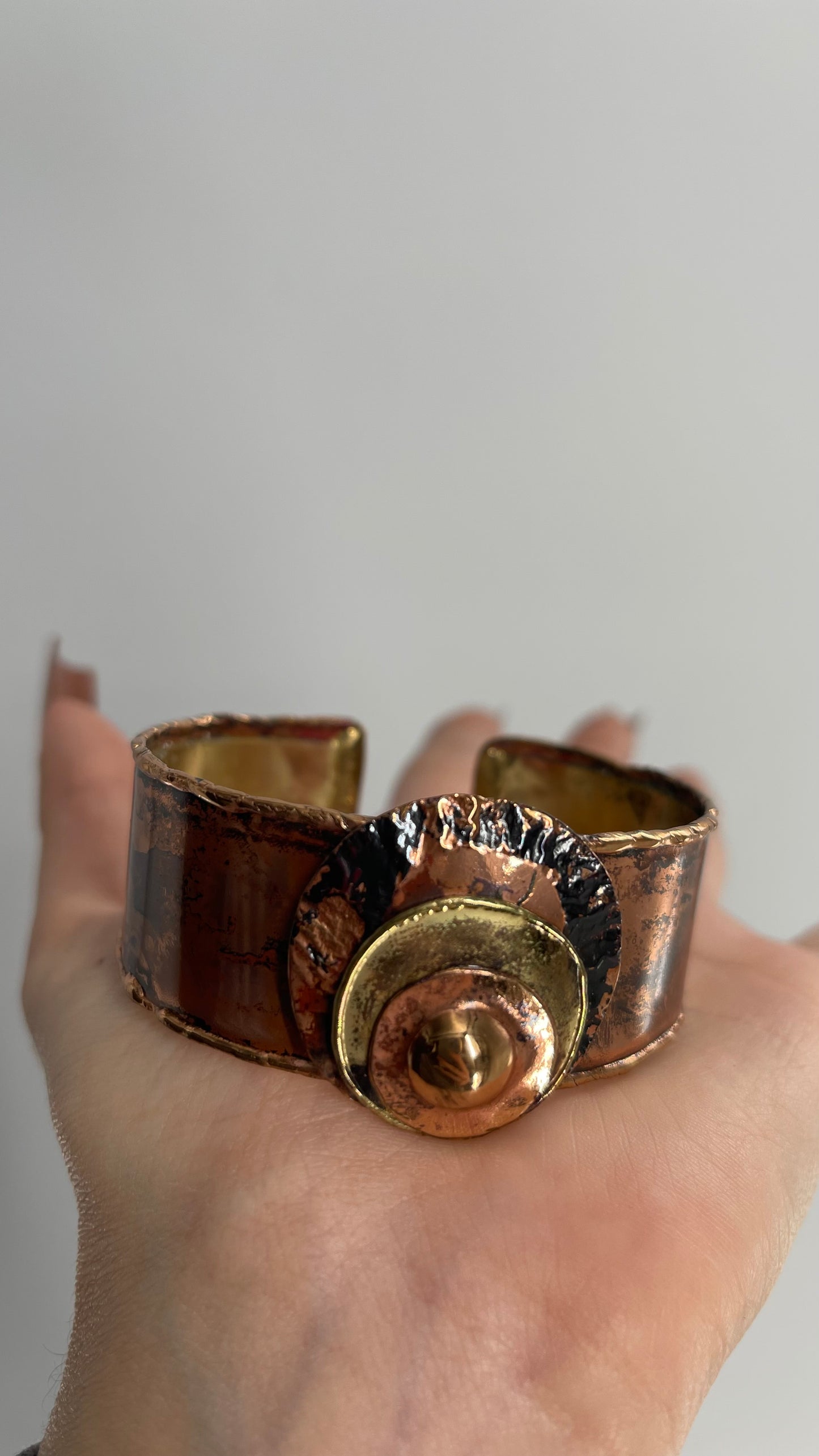 Vintage B536 Brutalist Sculptural Brass Copper Bracelet Cuff