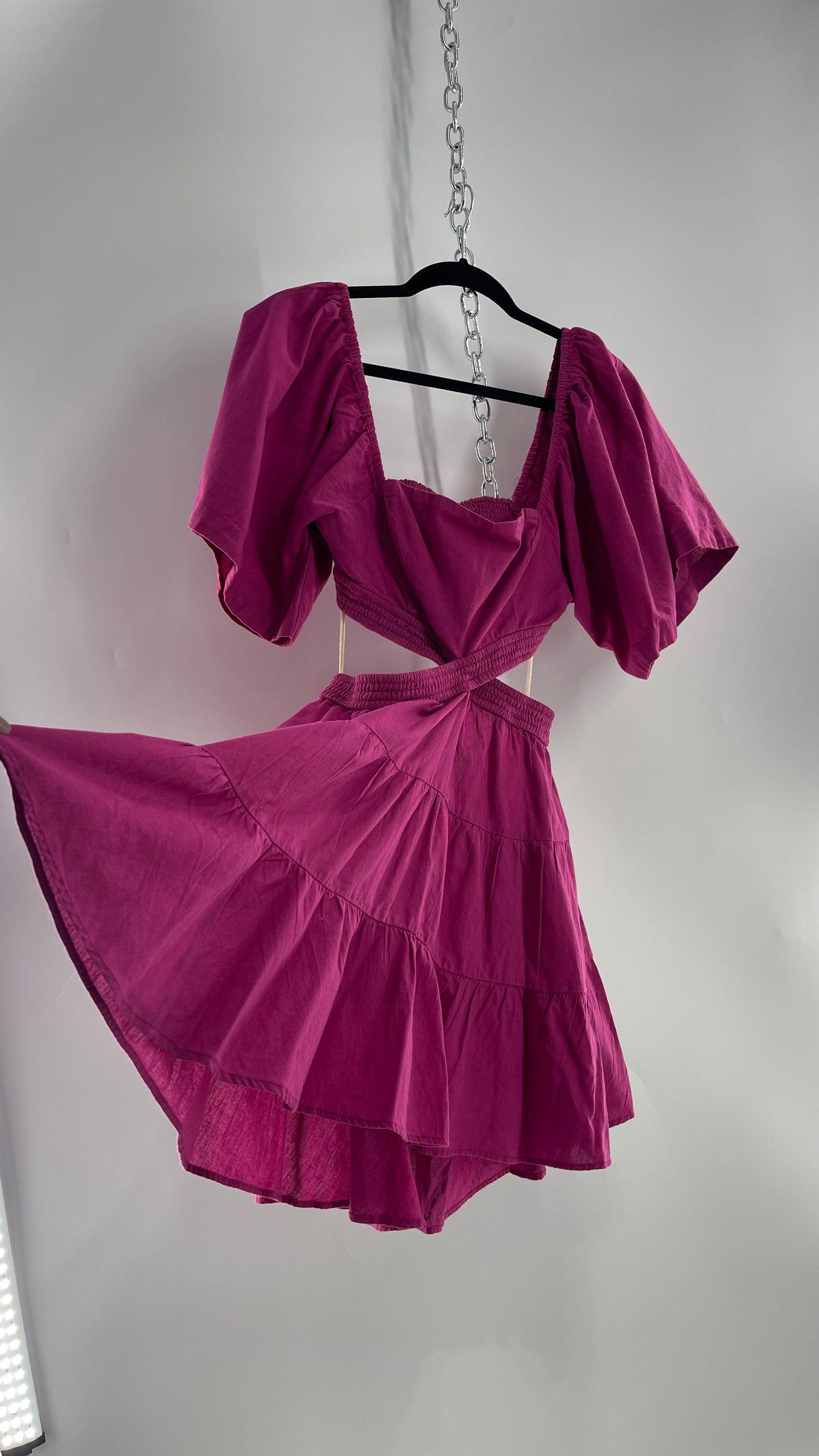 Free People Mauve Fuchsia Cotton/Linen Cut Out Sides Open Back Mini Dress (Small) Free People Mauve Fuchsia Cotton/Linen Cut Out Sides Open Back Mini Dress (Small)
