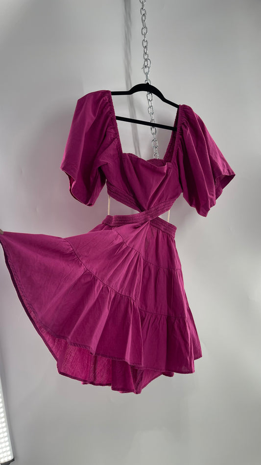 Free People Mauve Fuchsia Cotton/Linen Cut Out Sides Open Back Mini Dress (Small)