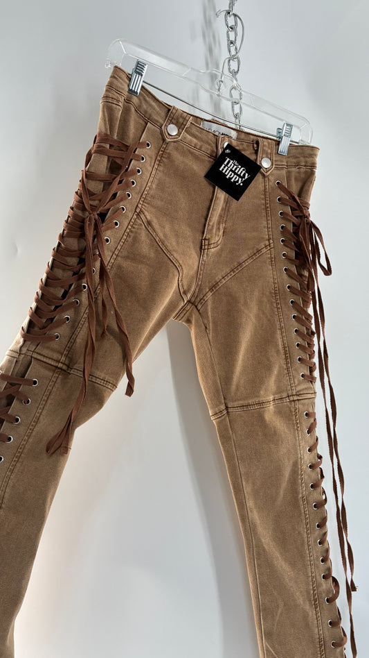 FASHION NOVA Side Tie Faded Brown Jeans (Medium)