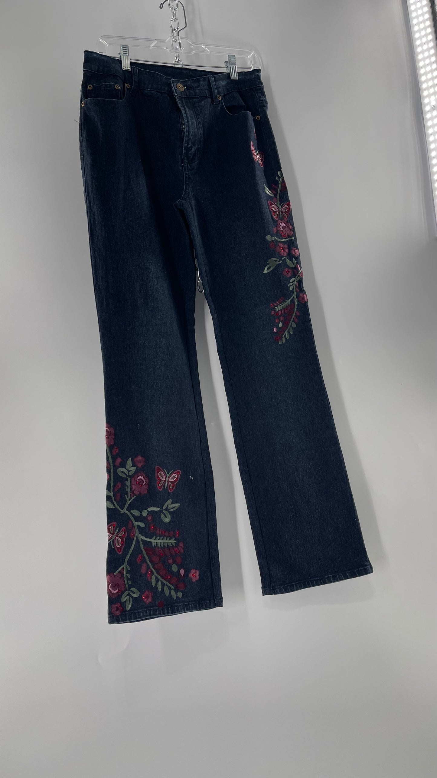 Diane Gilman Dark Wash Embroidered Embellished Butterfly Kickflare Jeans (8)