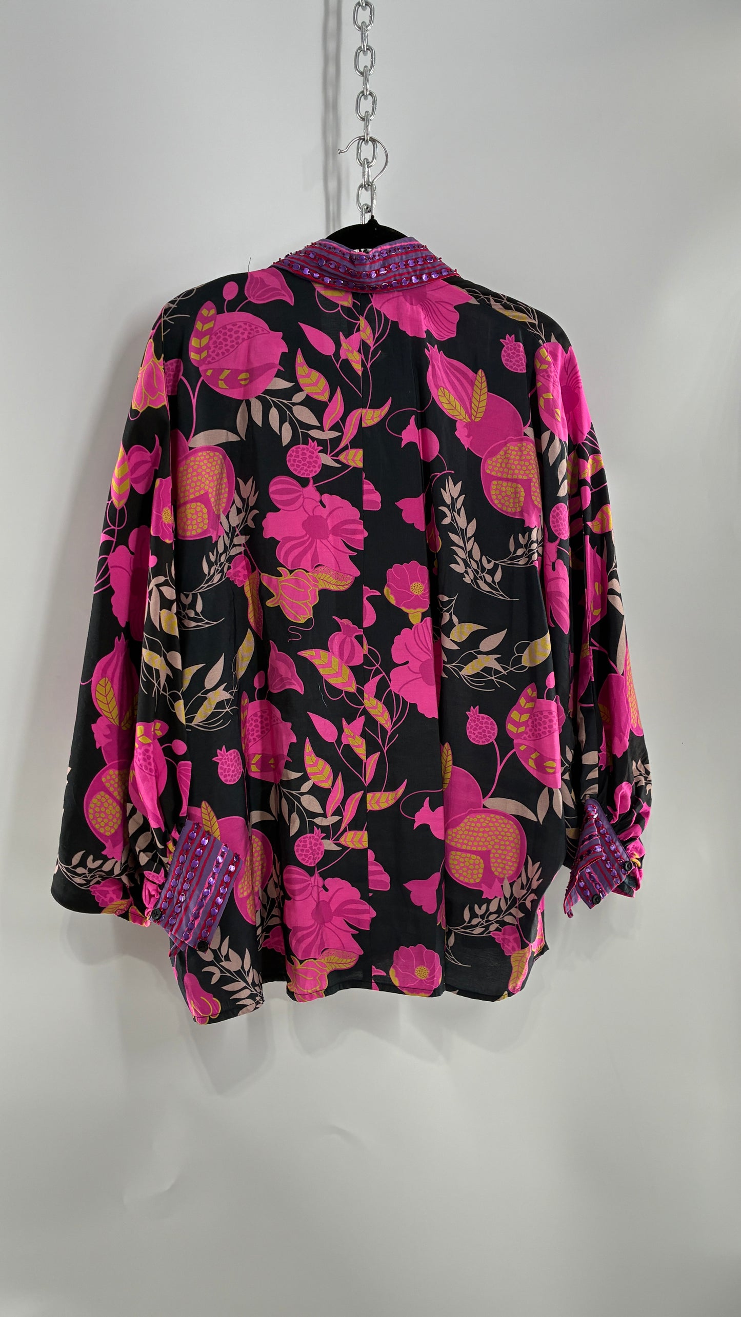 JUST BELLINA Black Oversized Blouse with Exaggerated Sleeves, Embroidered Collar and Tags Attached (XS)