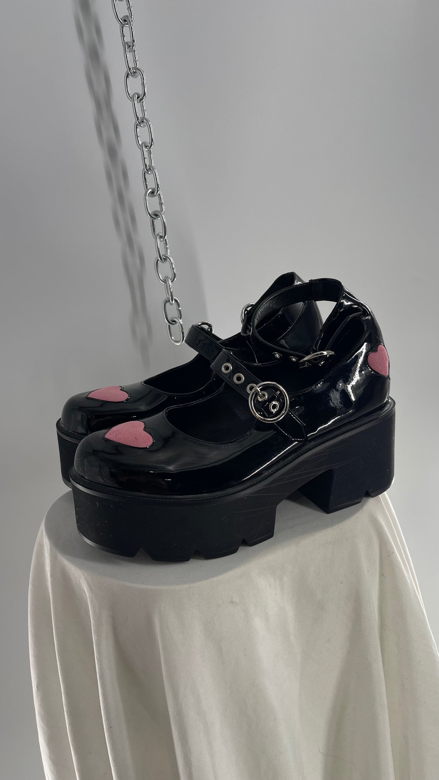 LaModa Ironic Black Patent Multibuckle Mary Jane with Pink Hearts (8)