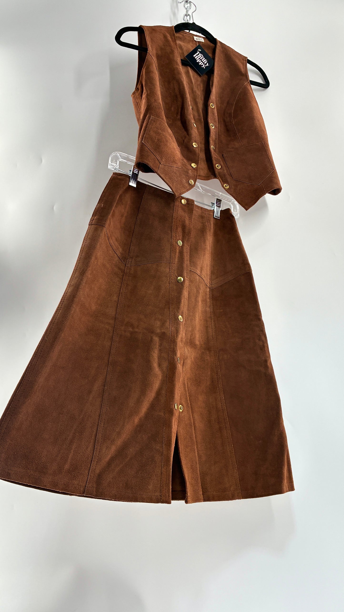 Vintage 1970s Genuine Suede Brown Leather Button Front Skirt and Vest Made in Mexico (XS/S)