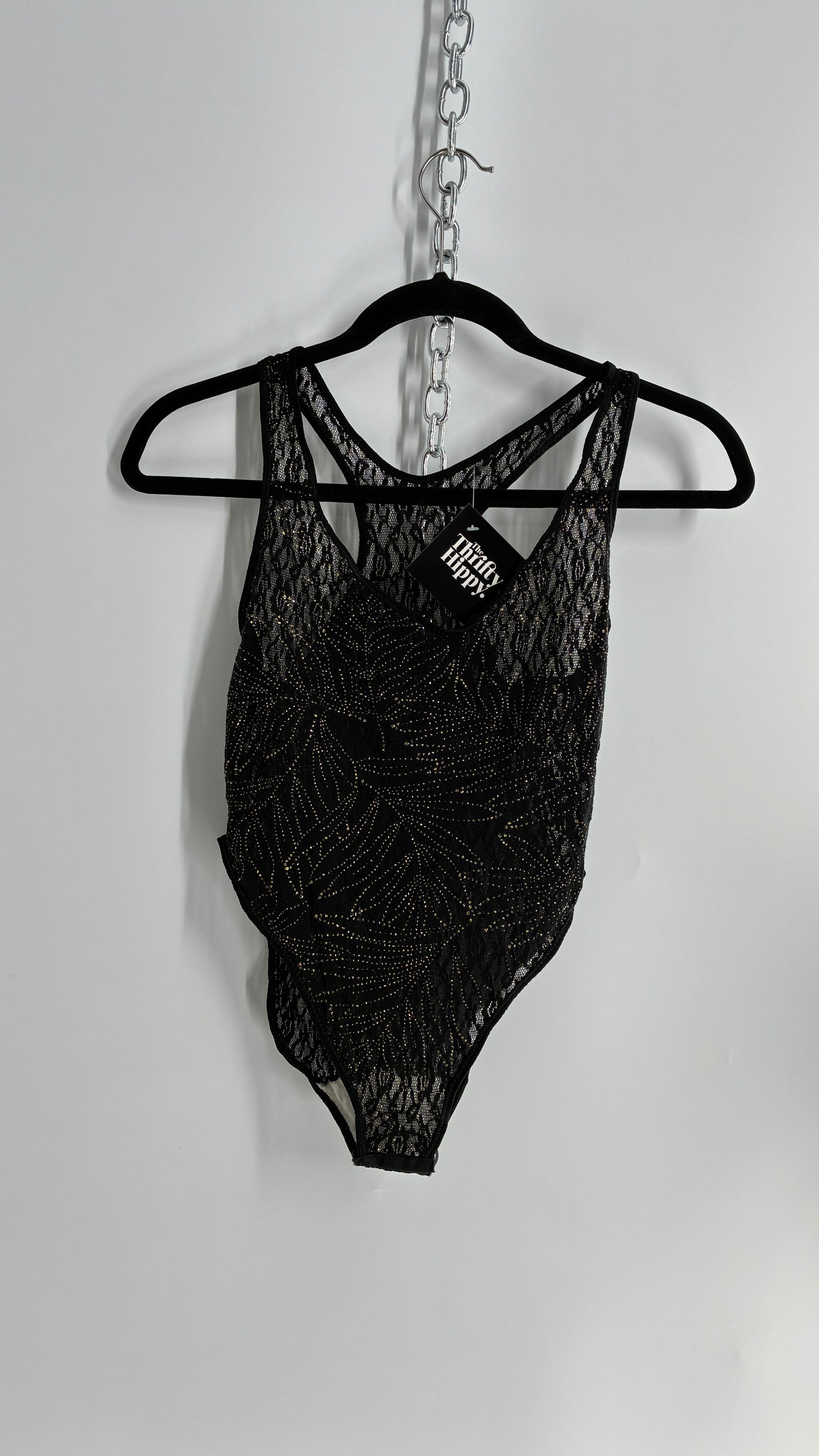 Vintage 1990s Sheer Black Bodysuit with Gold Glitter Foliage Pattern (Large)