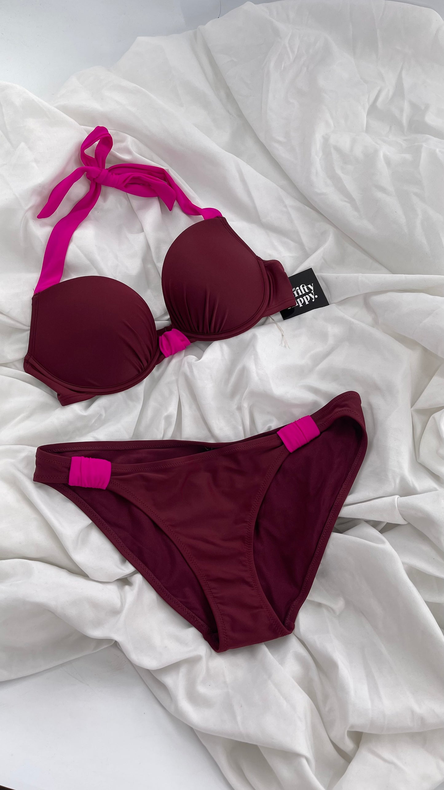 AERIE Burgundy Padded Underwire Swim Top Set with Fuchsia Details (36C/L Bottoms)