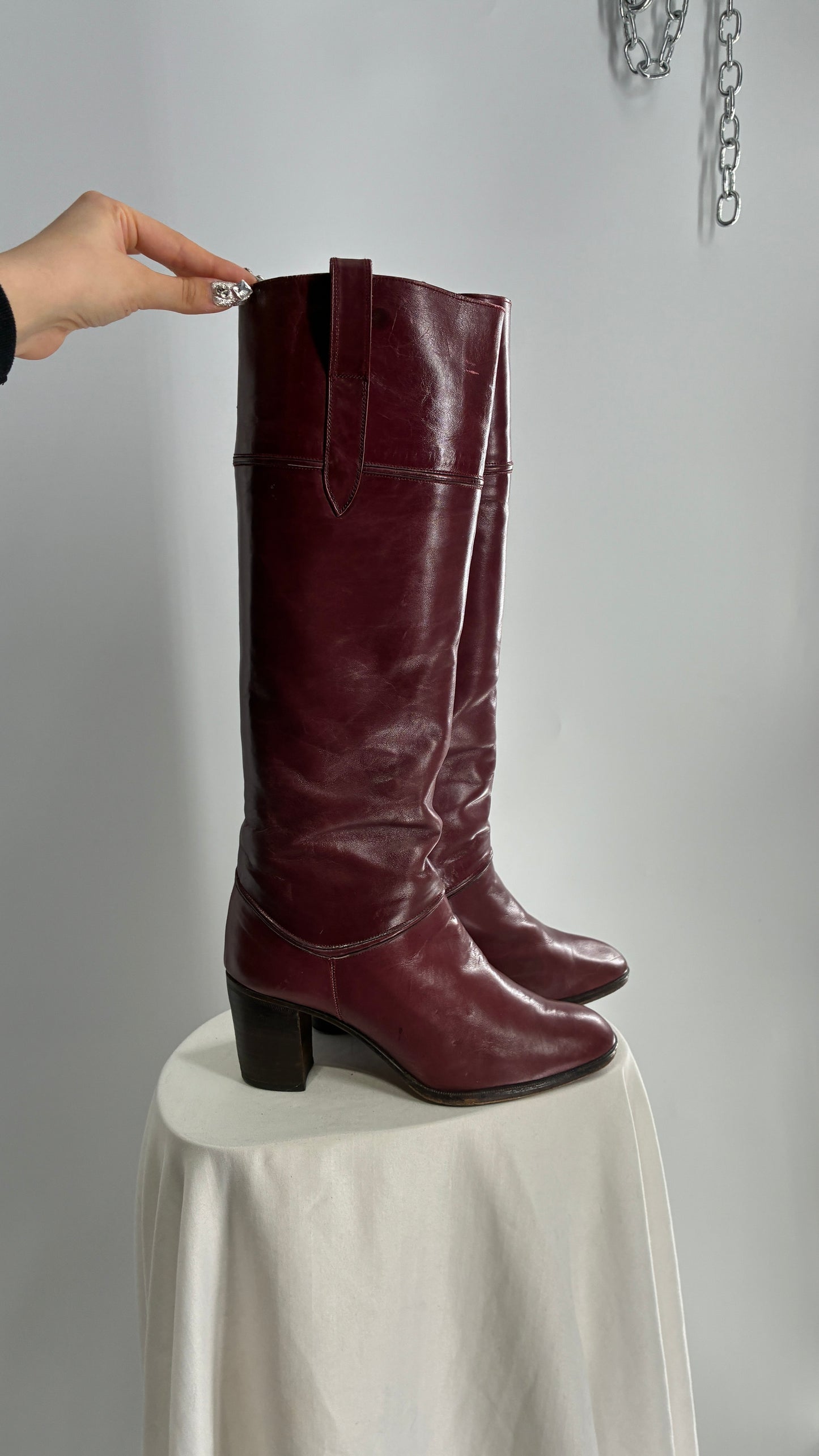 Vintage Red Leather Round Toe Knee High Boots Made in Spain Boots (38)