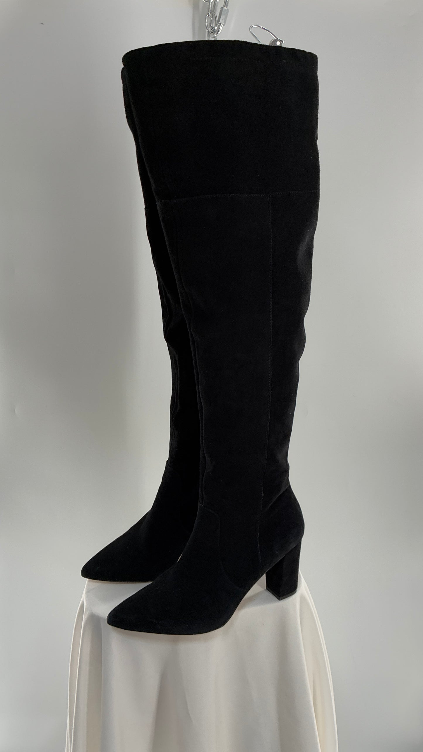 Vintage Black Genuine Suede ADRIENNE VITADINI Thigh High Pointed Toe Boots with Stud Detailing (10)