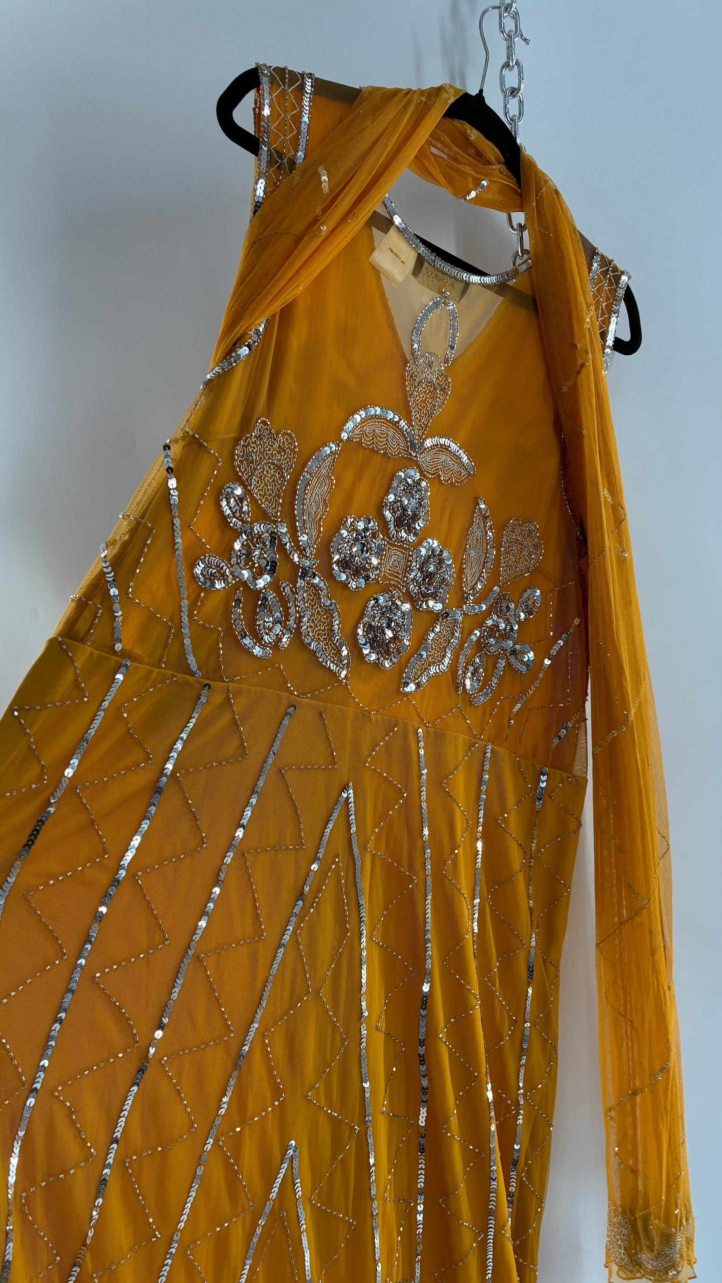 Deadstock Vintage ASHRO 1990s Mustard Yellow Dress with Sheer Back, Neck Scarf and Silver Beading (XXL)
