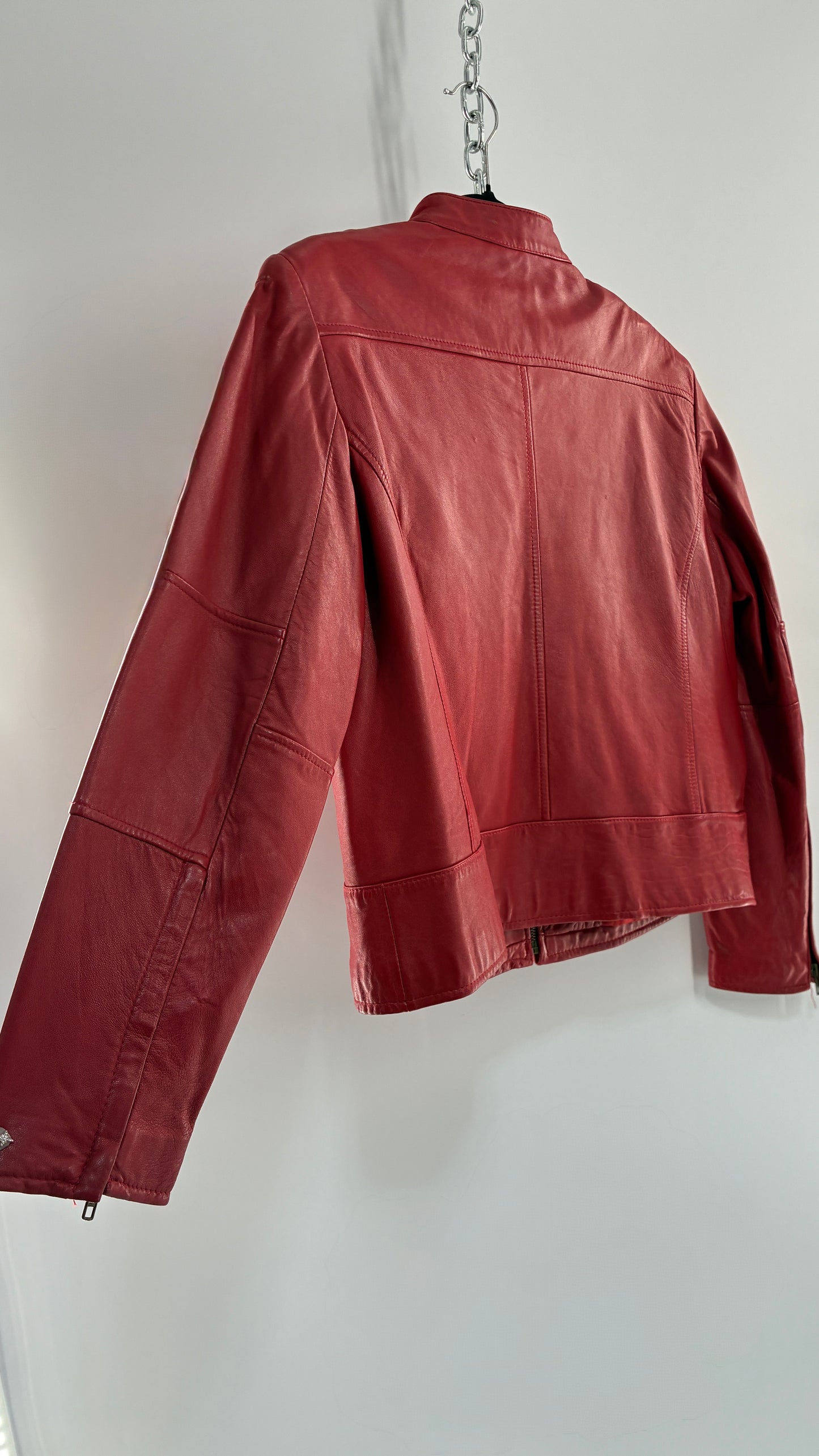 KATHY IRELAND Lamb Leather Red Motorcycle Neck Strap Jacket (Medium)