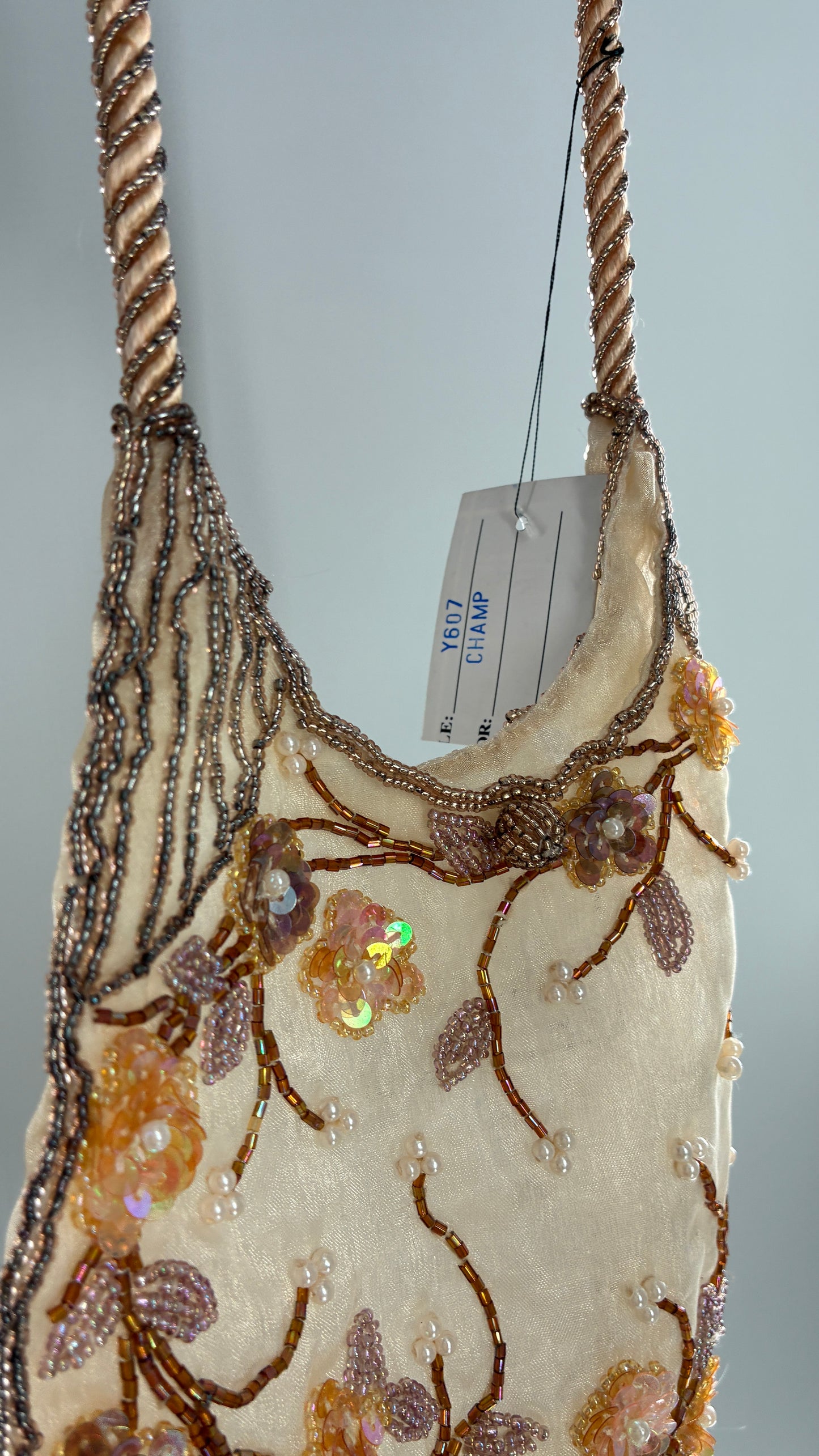 Vintage Deadstock Beige Beaded Fringe Purse with Embroidered Beaded Florals