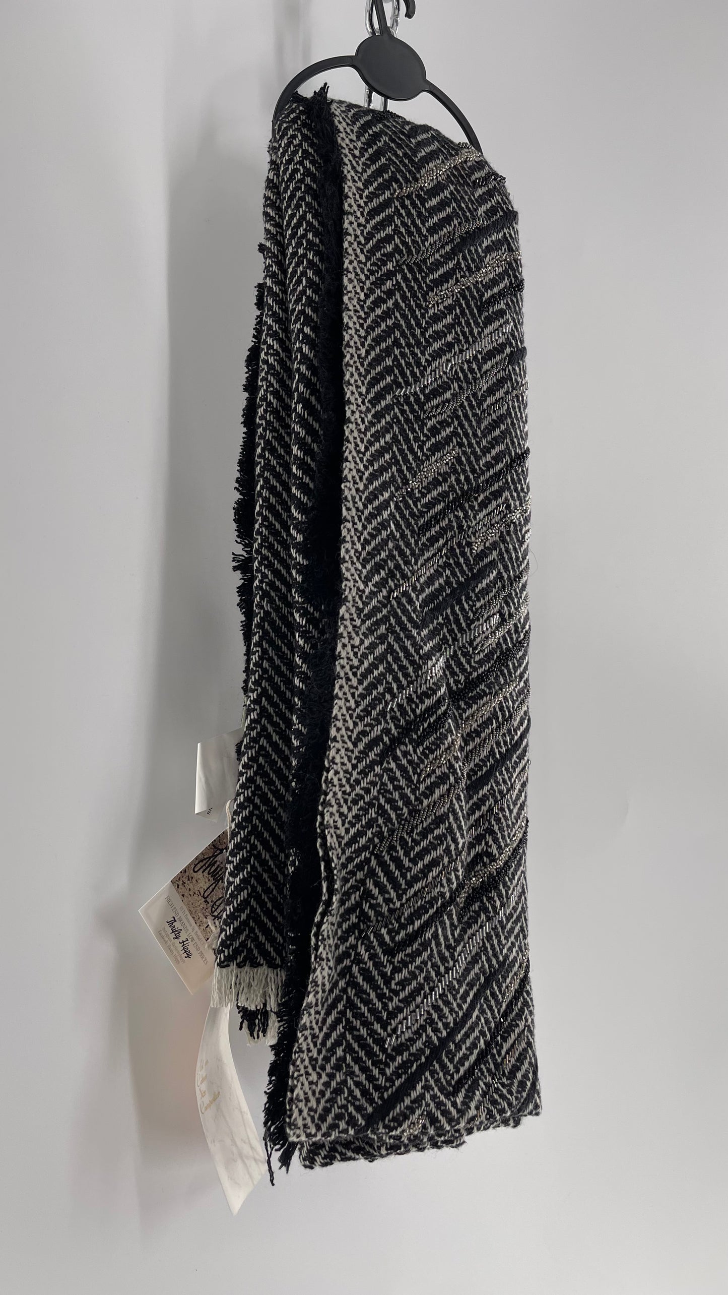 Anthropologie Pétanu Black and White 50% Cashmere 50% Silk Beaded Embellished Scarf with Tags Attached