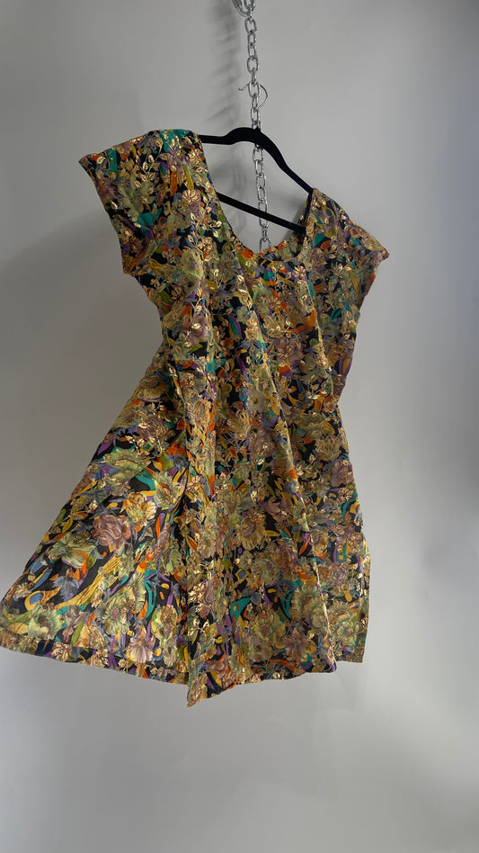 Vintage Imported Contrasting Floral Side Slit Tunic Silk with Hand Painted Glitter Details (Medium)