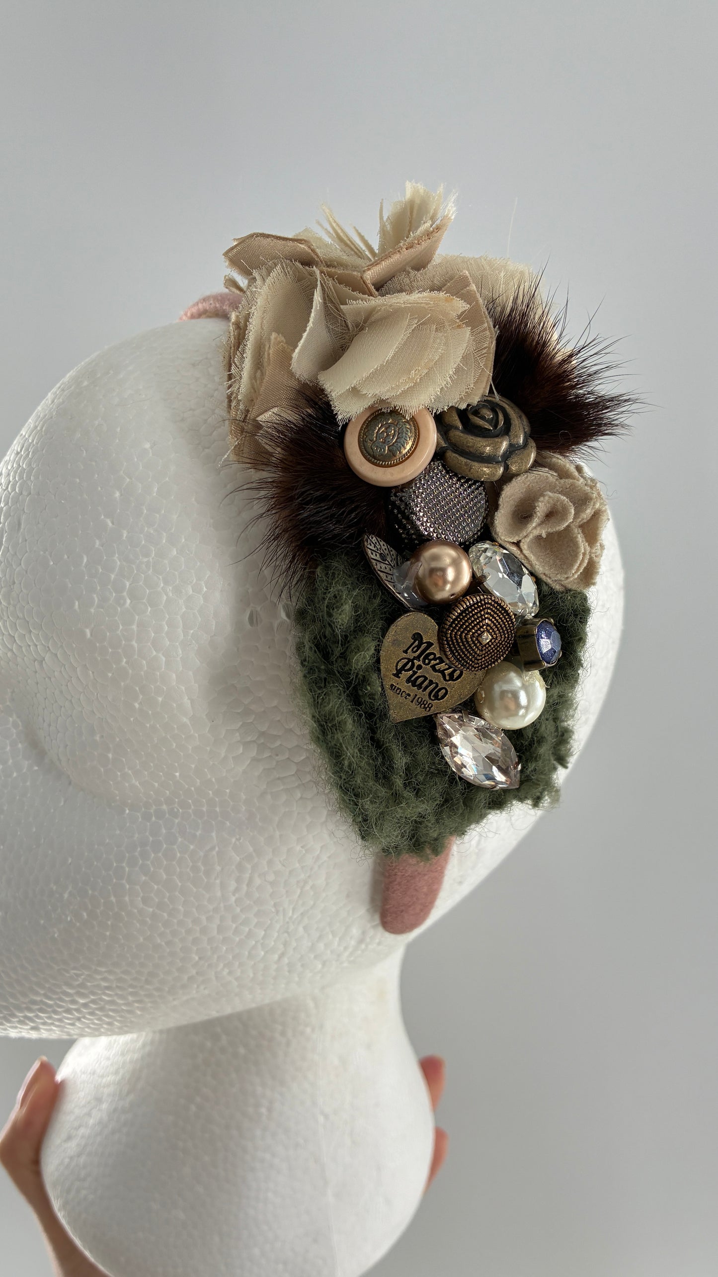 Vintage FARMER Handmade Pink Knit Headband with Wool, Buttons and Fur Appliqués