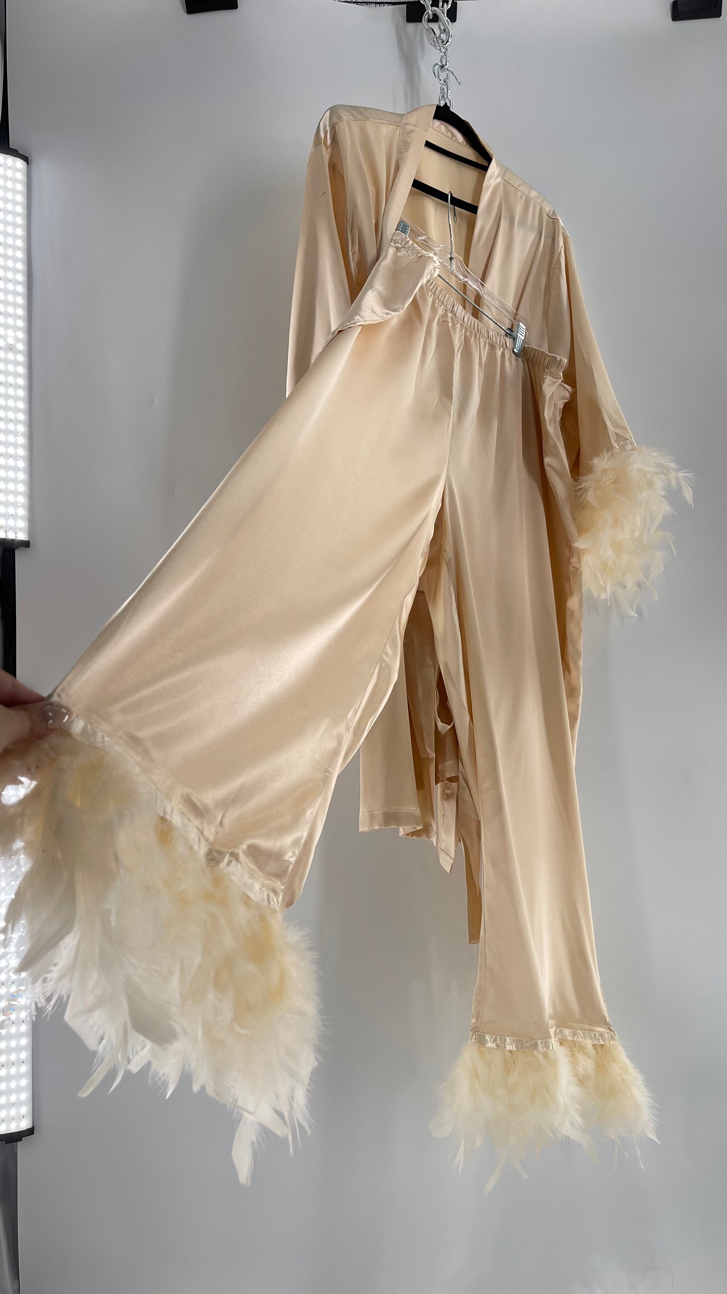 Champagne Satin Loungewear 2piece Set with Ostrich Feather Trim (3XL)