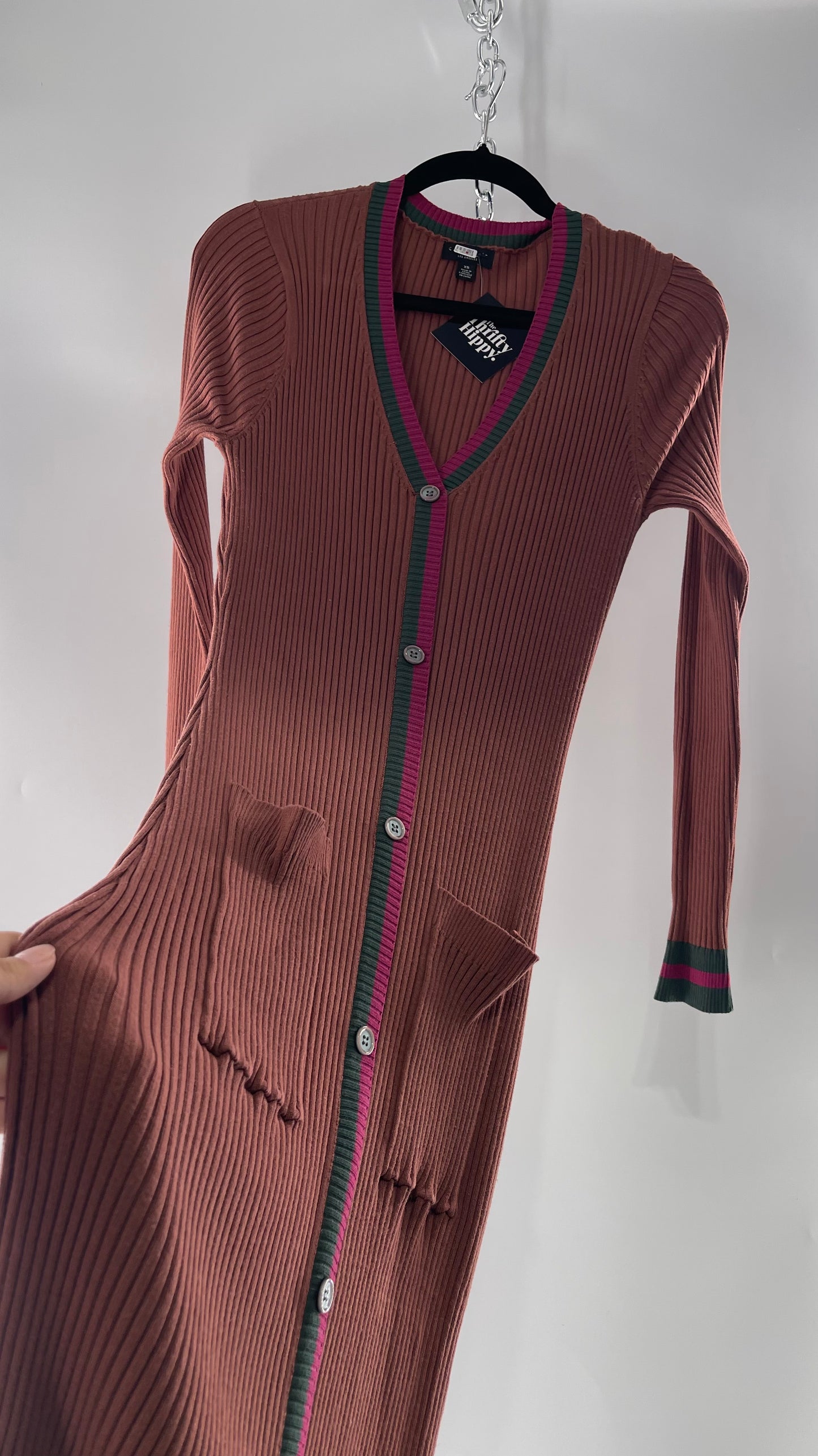 Current Air Los Angeles Brown Ribbed Knit Long Sleeve Button Front Dress with Fuchsia and Forest Green Striping (XS)