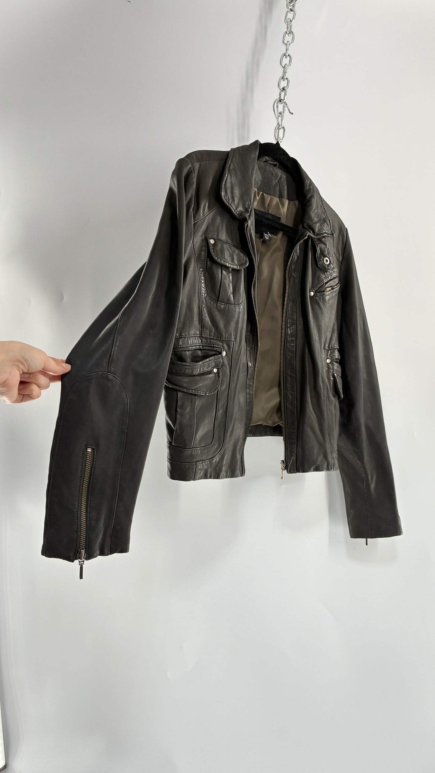 Vintage IDENTIFY Soft Genuine Leather Jacket with High Neck and Multi Pocket Details (Medium)