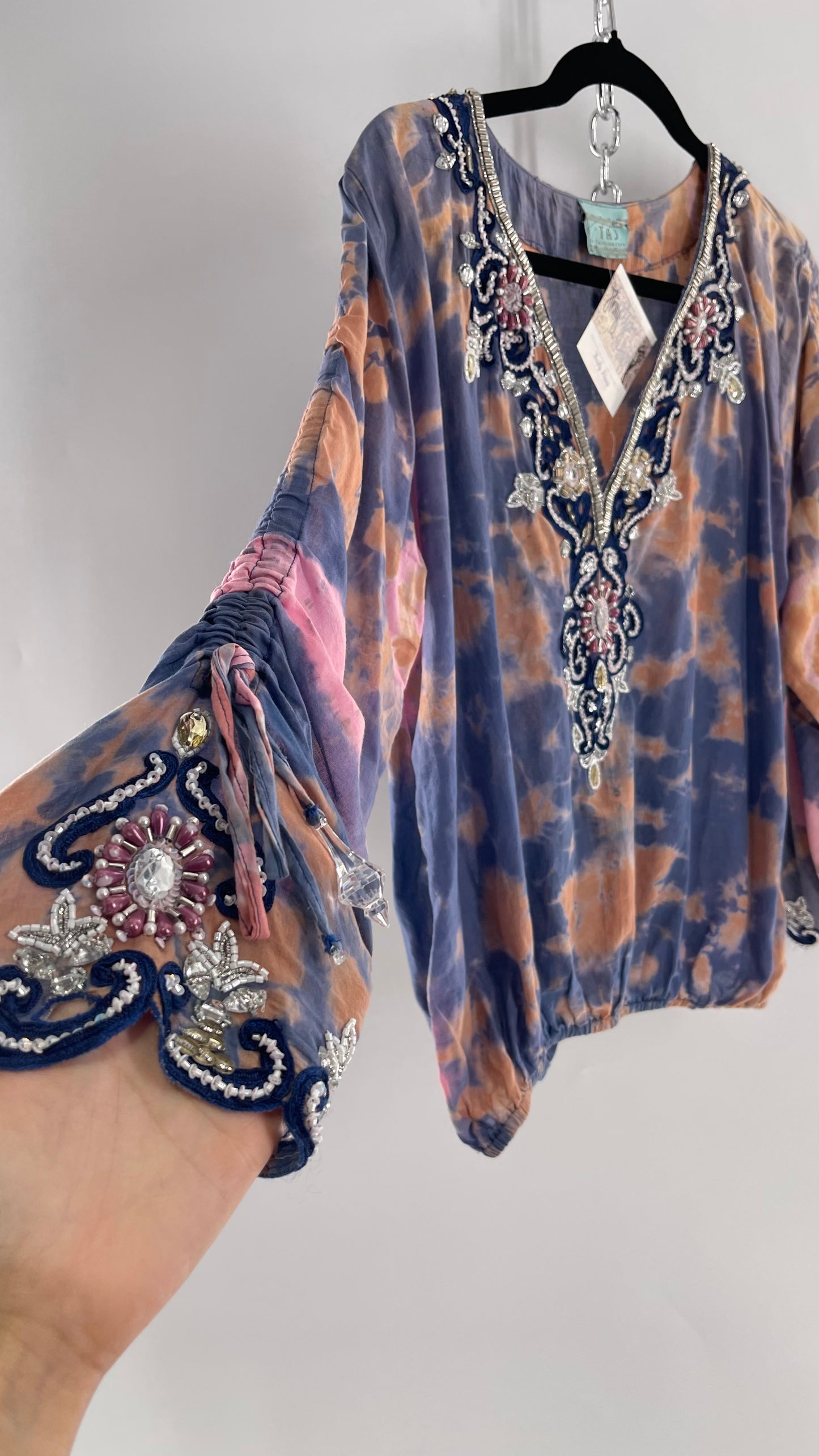 TAJ by Sabrina Crippa Tie Dye Blouse with Gemstone Encrusted Neckline and Ruched Beaded Sleeves (S/M)