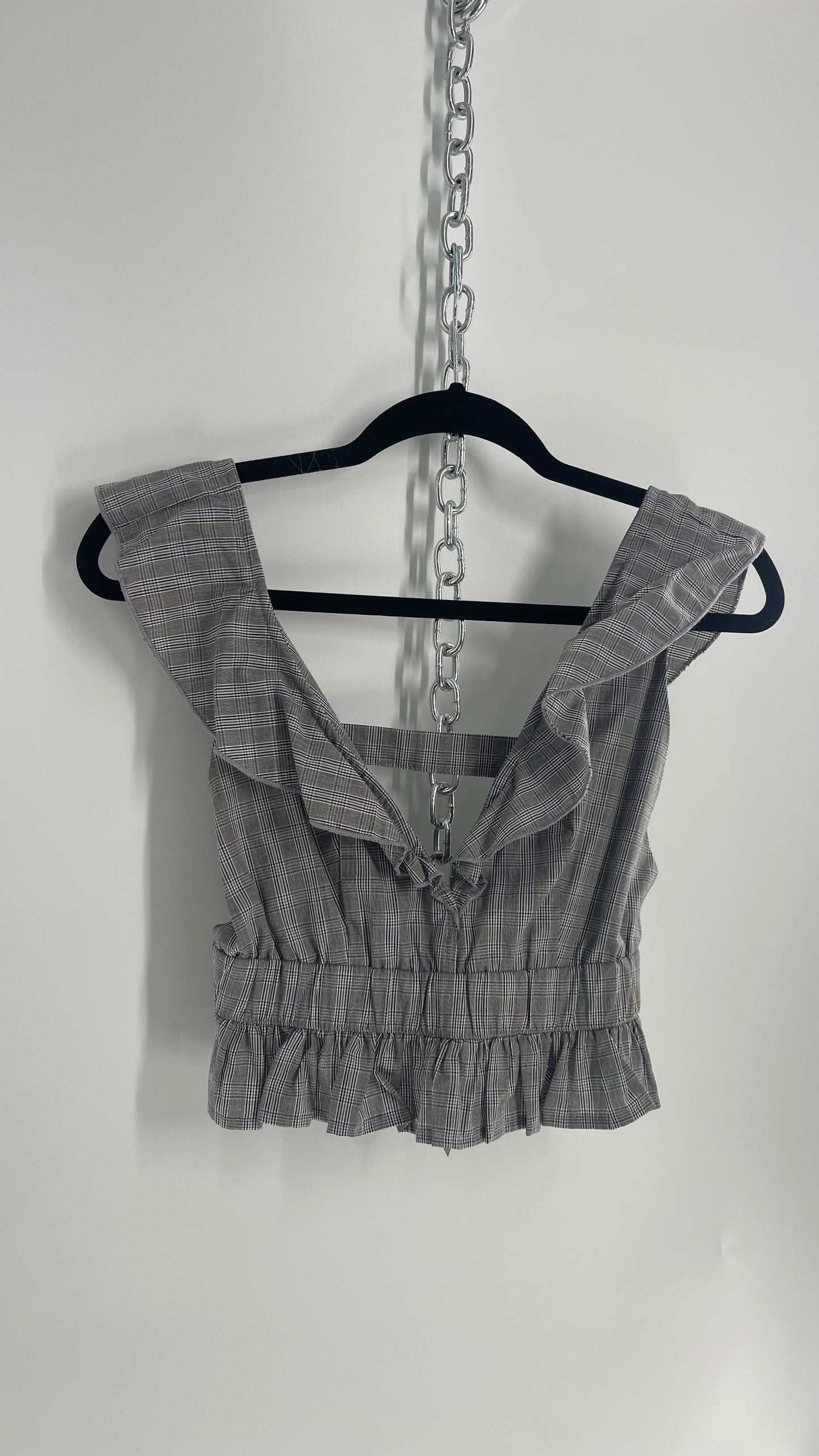 LIONESS Gray Plaid Open Back, Ruffled Shoulder, Cinch Waist (Small)