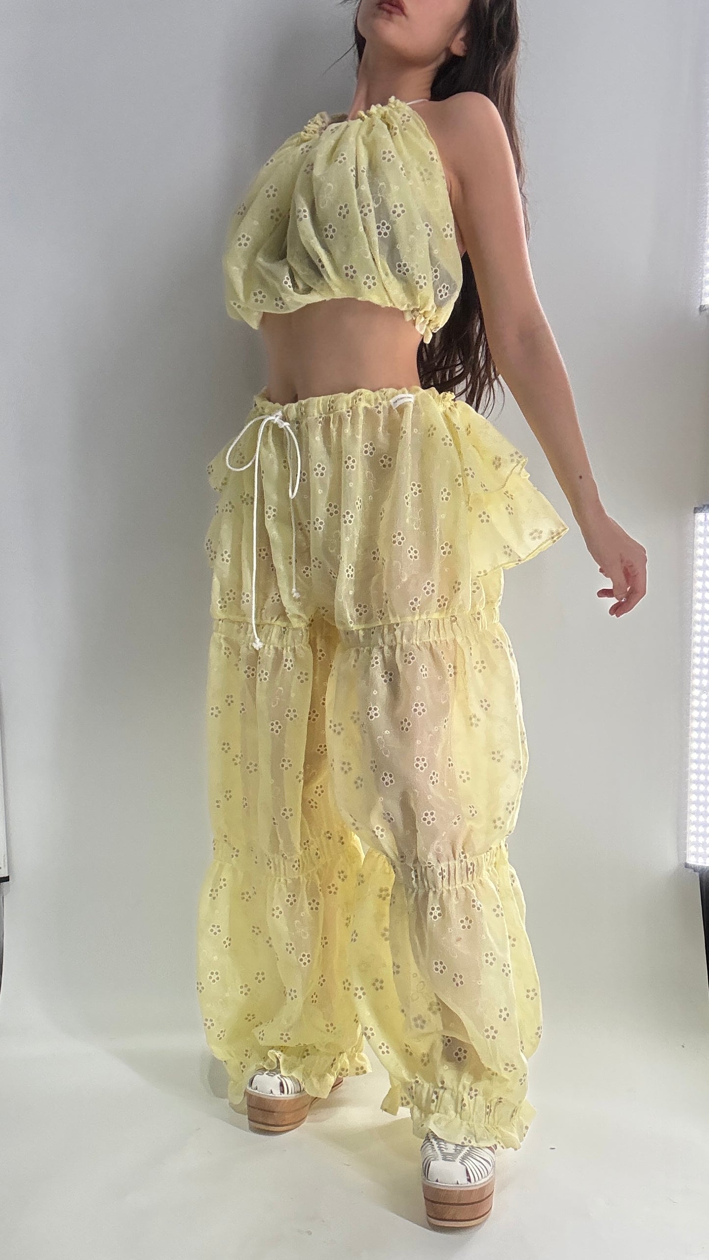 Vintage Handmade 2pc Baby Yellow Set with Tiered Pants, Ruffled Bum, and Floral Eyelet Pattern (XS-M)