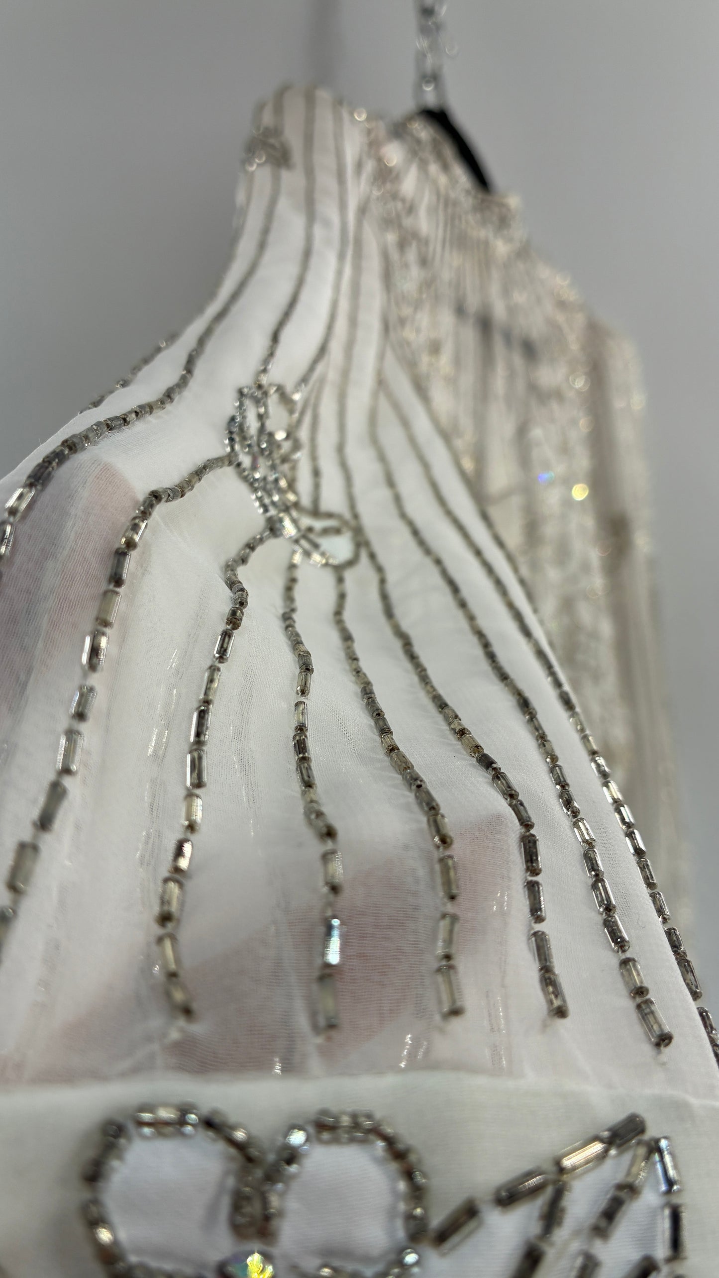 Vintage Sheer White Bridal Beaded Open Back Floral Blouse with High Neck (Medium)