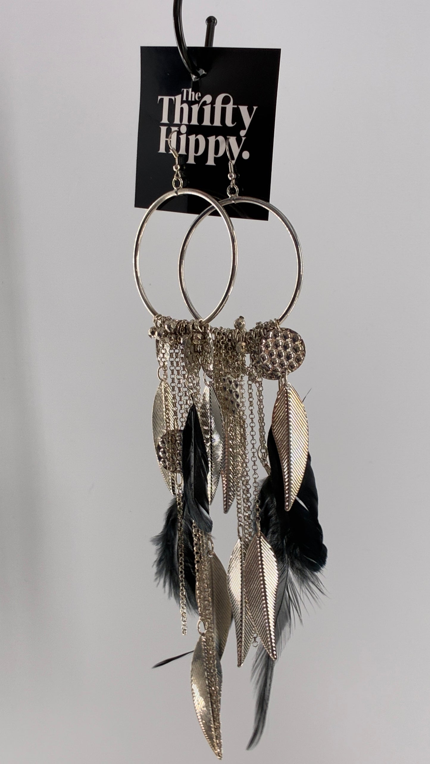 Vintage Hoop Earring with Chains, Feathers and Silver Metal Coins