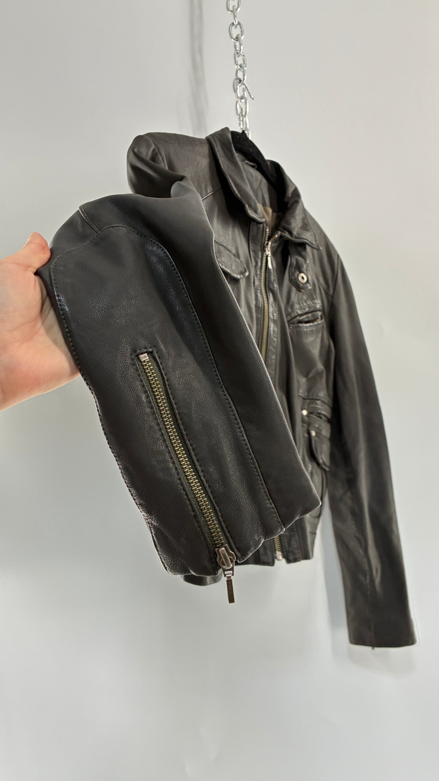 Vintage IDENTIFY Soft Genuine Leather Jacket with High Neck and Multi Pocket Details (Medium)