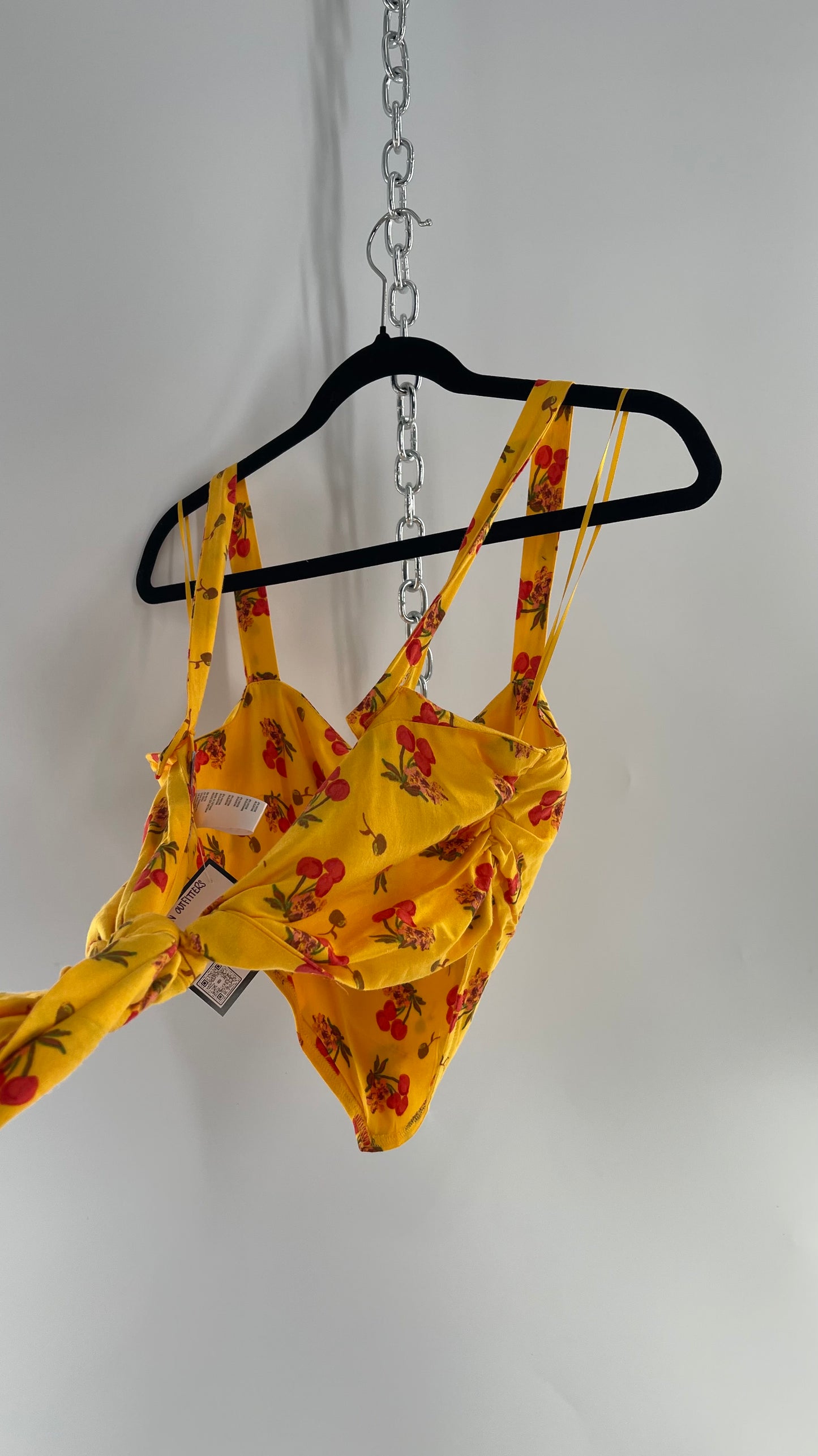 Urban Outfitters Yellow Cherry Printed Crop with Tie Back Top (XS)