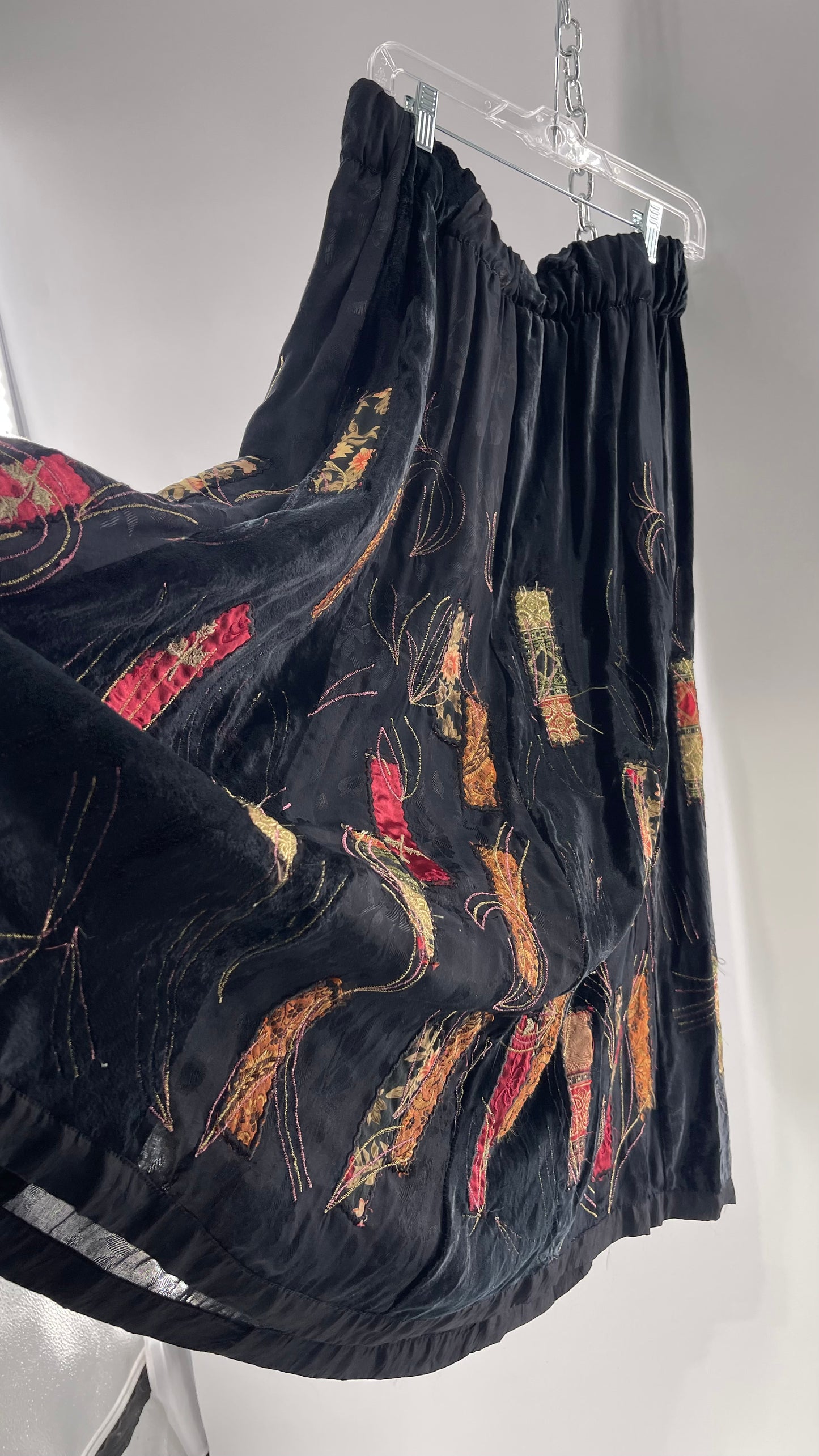 Vintage Black Velvet and Embossed Florals Patchwork Skirt with Metallic Stitch Detailing with Lining and Thick Waistline (M)